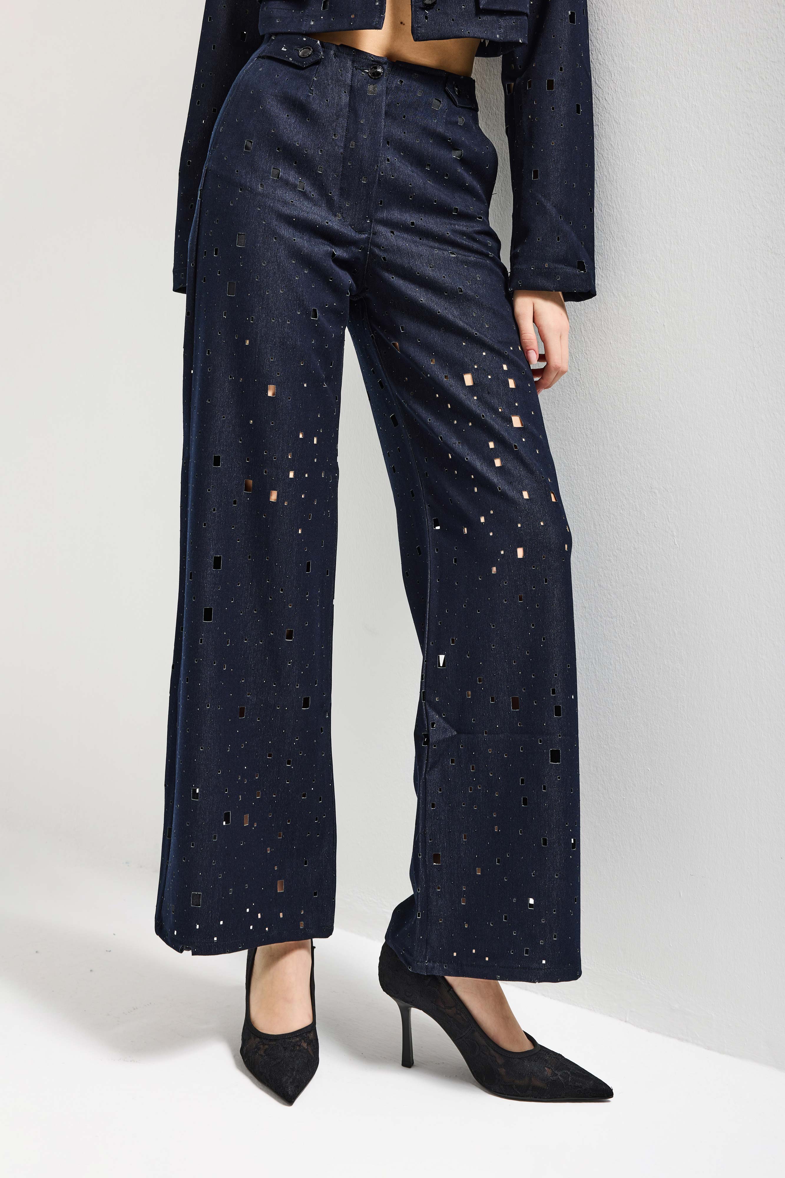 Kadın Lacivert s6-56 Wide Leg Özel Tasarım Delikli Denim Jean