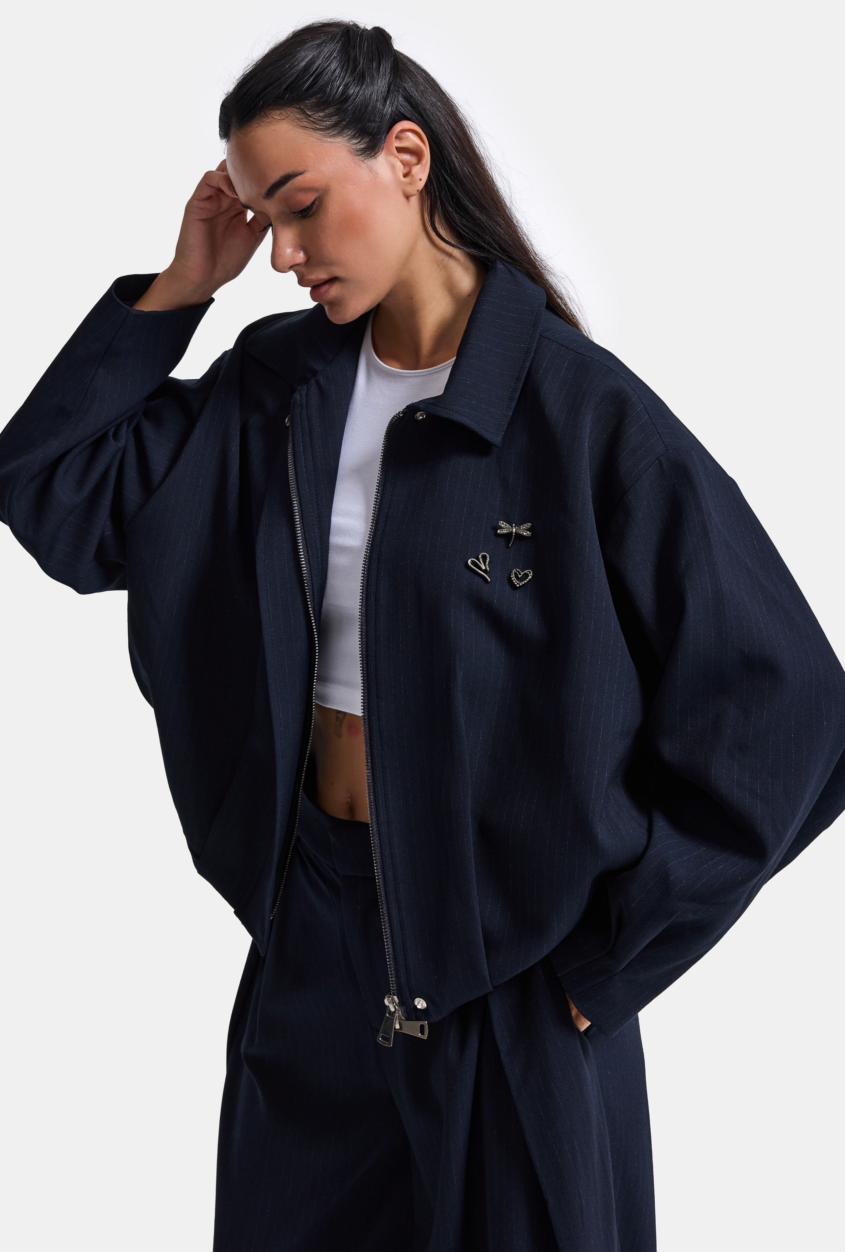 Kadın Lacivert w6-56 Bomber Oversize Aksesuar Detaylı Tasarım Ceket