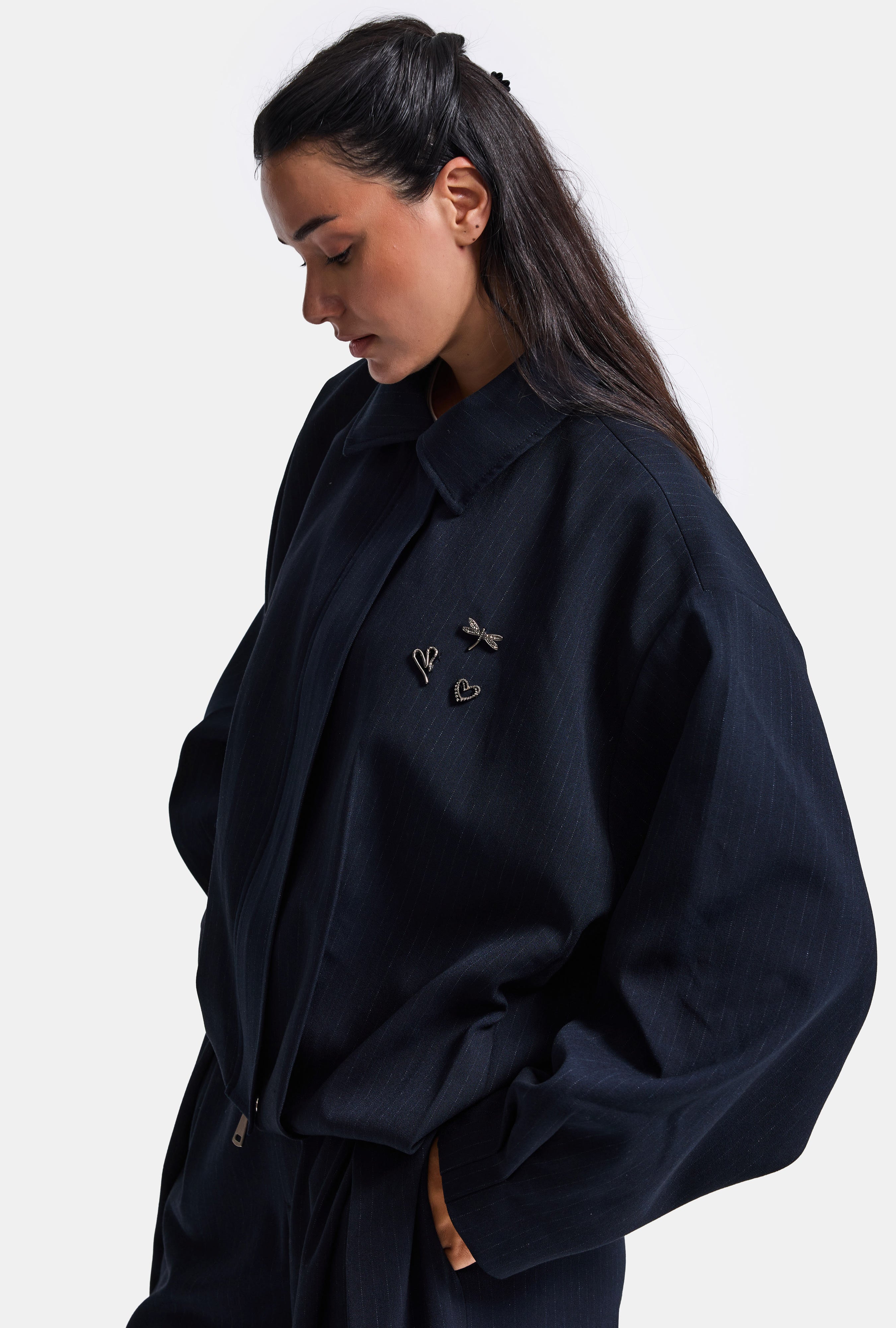 Kadın Lacivert w6-56 Bomber Oversize Aksesuar Detaylı Tasarım Ceket