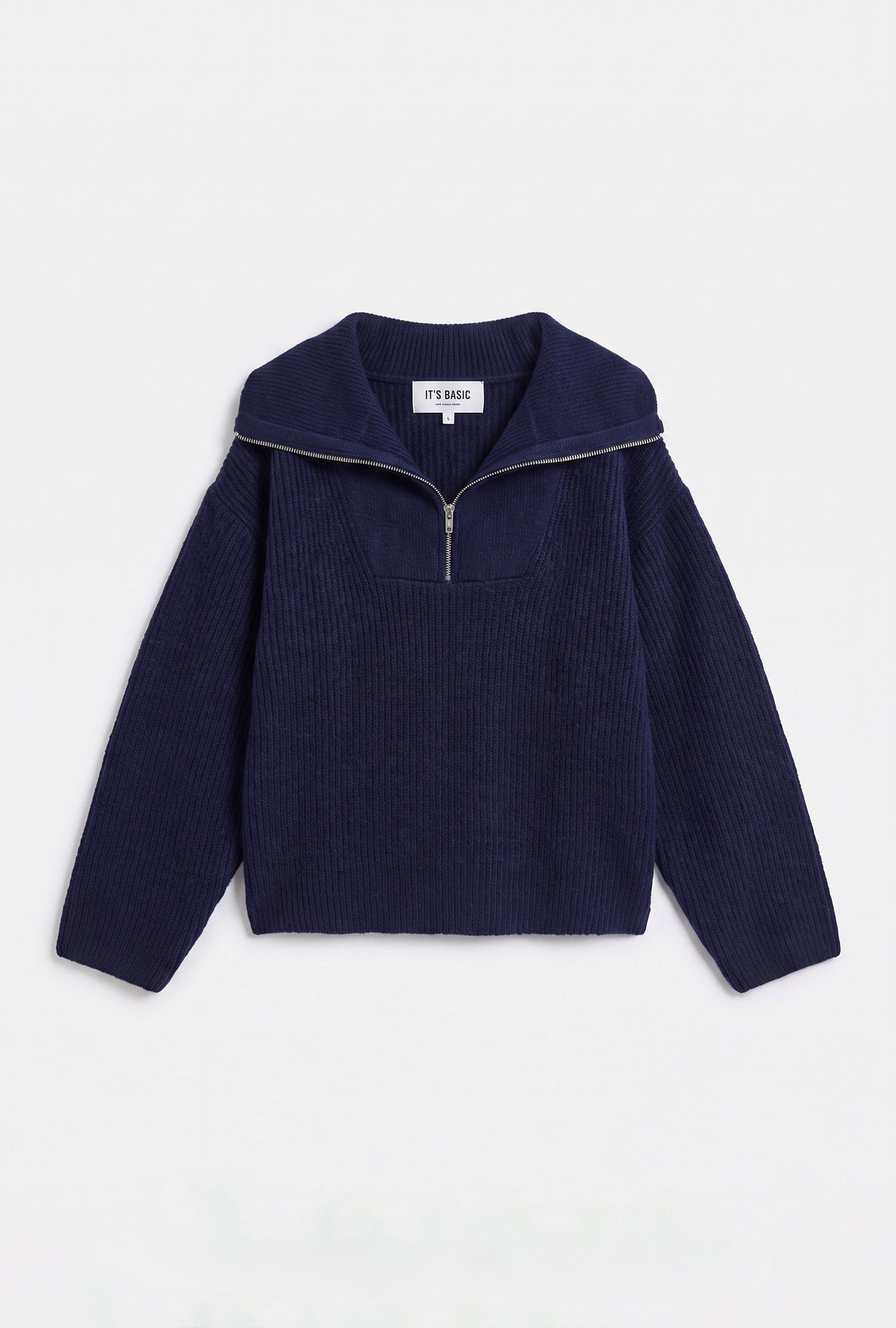 Kadın Lacivert w6-56 Oversize Fermuarlı Triko Kazak