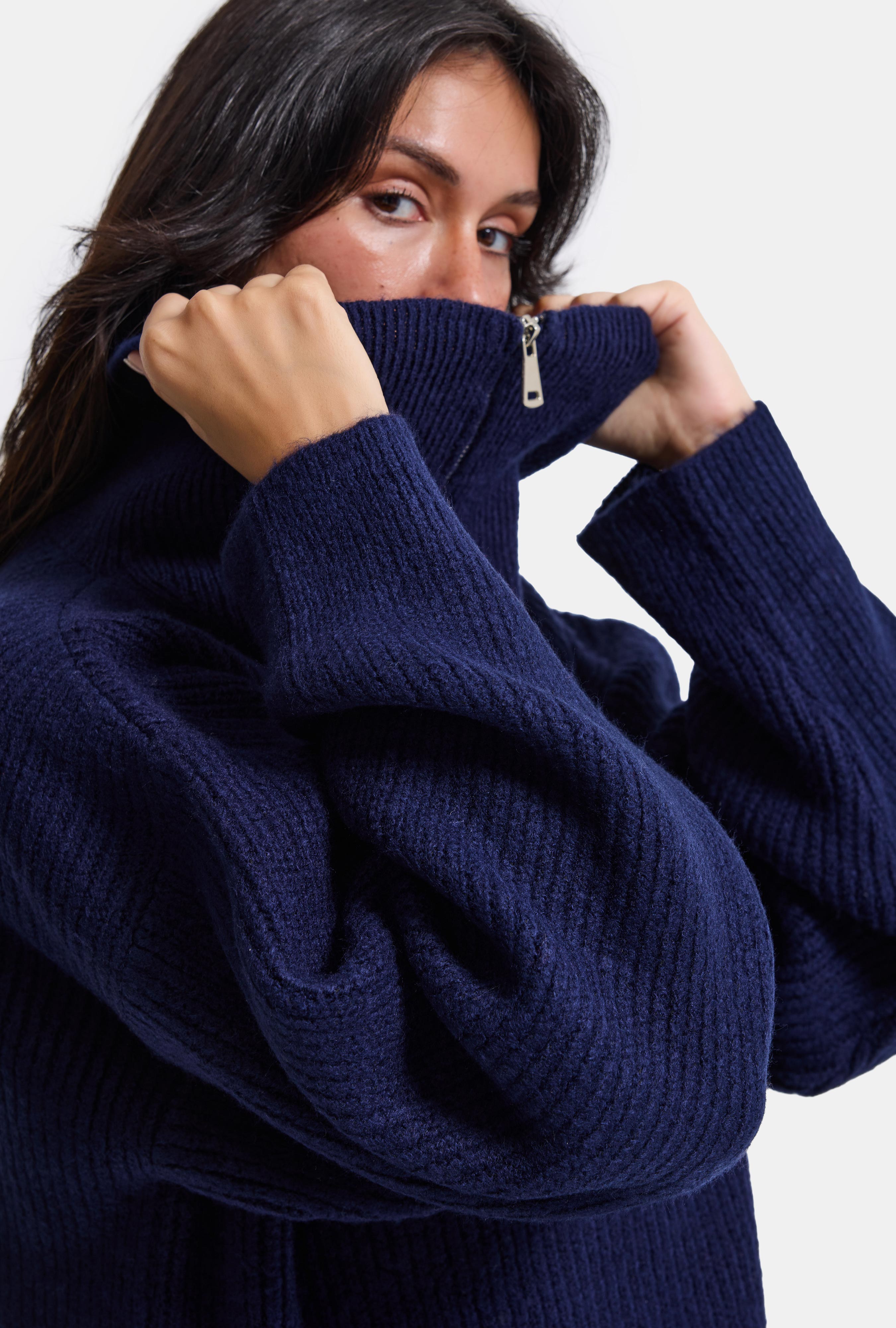 Kadın Lacivert w6-56 Oversize Fermuarlı Triko Kazak