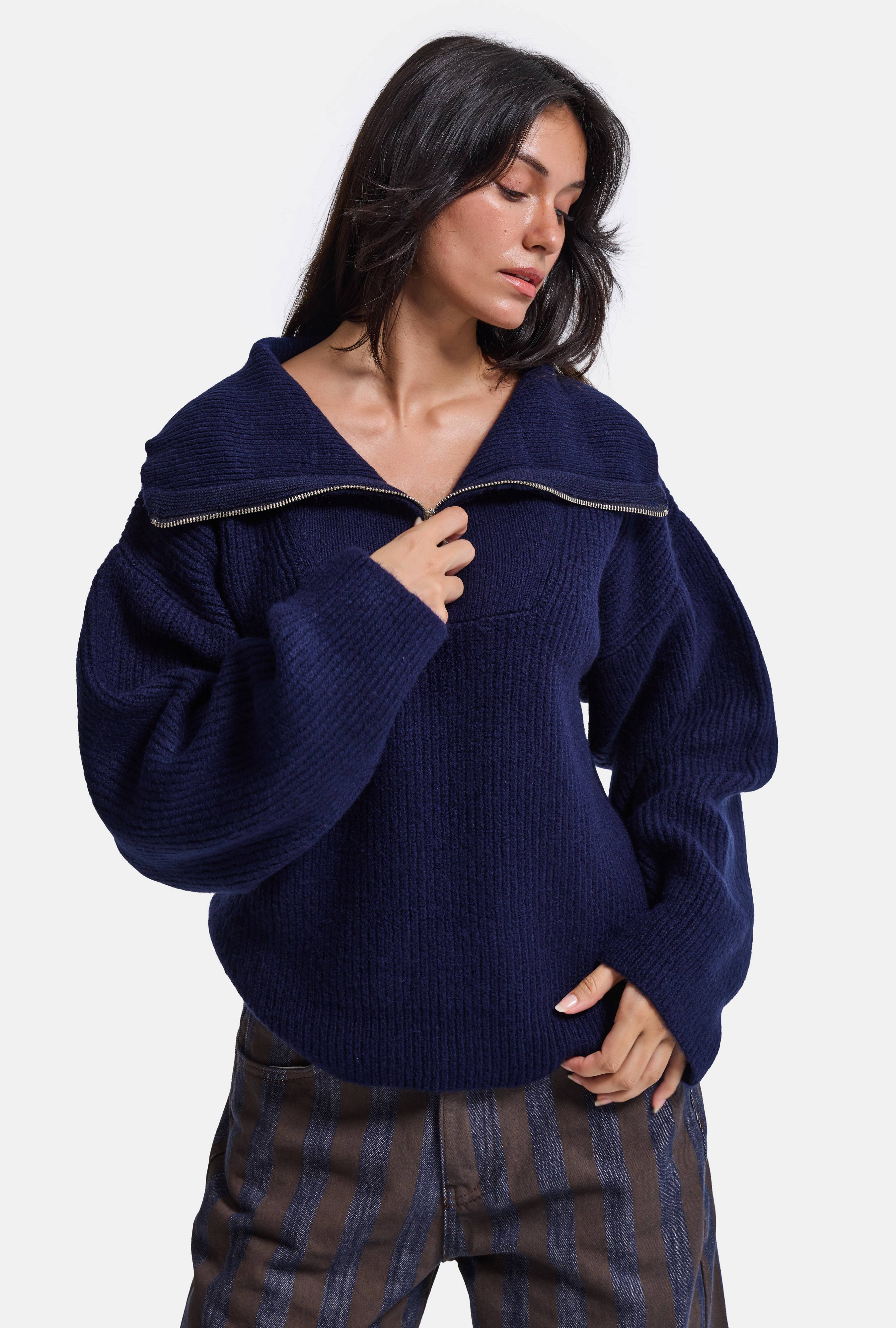 Kadın Lacivert w6-56 Oversize Fermuarlı Triko Kazak