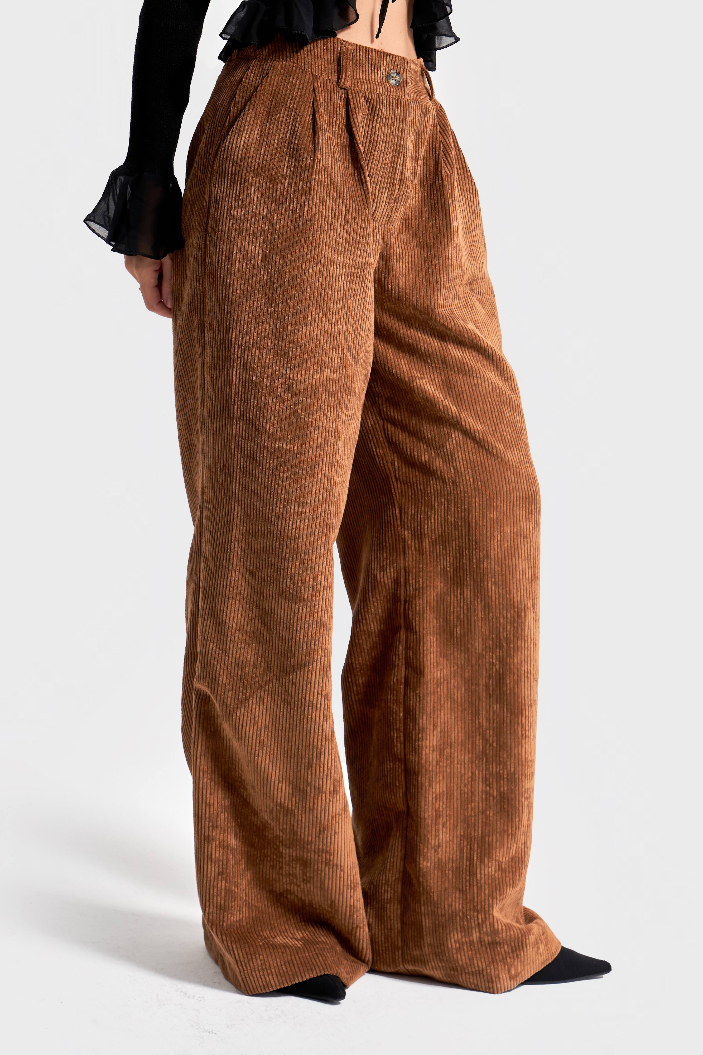 Kadın Latte Kahve w5-76 Süper Palazzo Fit Pileli Kalın Fitilli Velvet Kadife Kumaş Pantolon