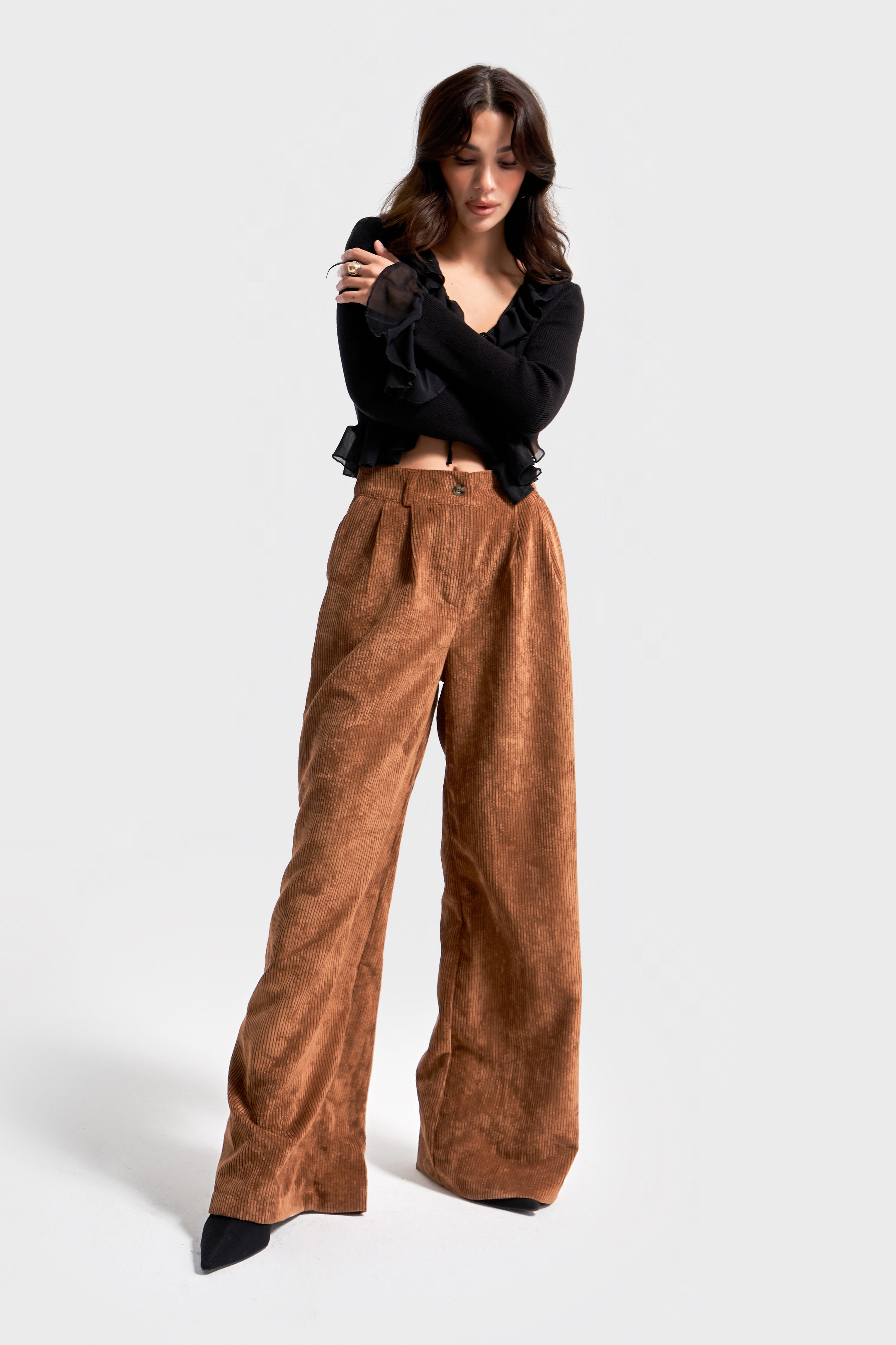 Kadın Latte Kahve w5-76 Süper Palazzo Fit Pileli Kalın Fitilli Velvet Kadife Kumaş Pantolon