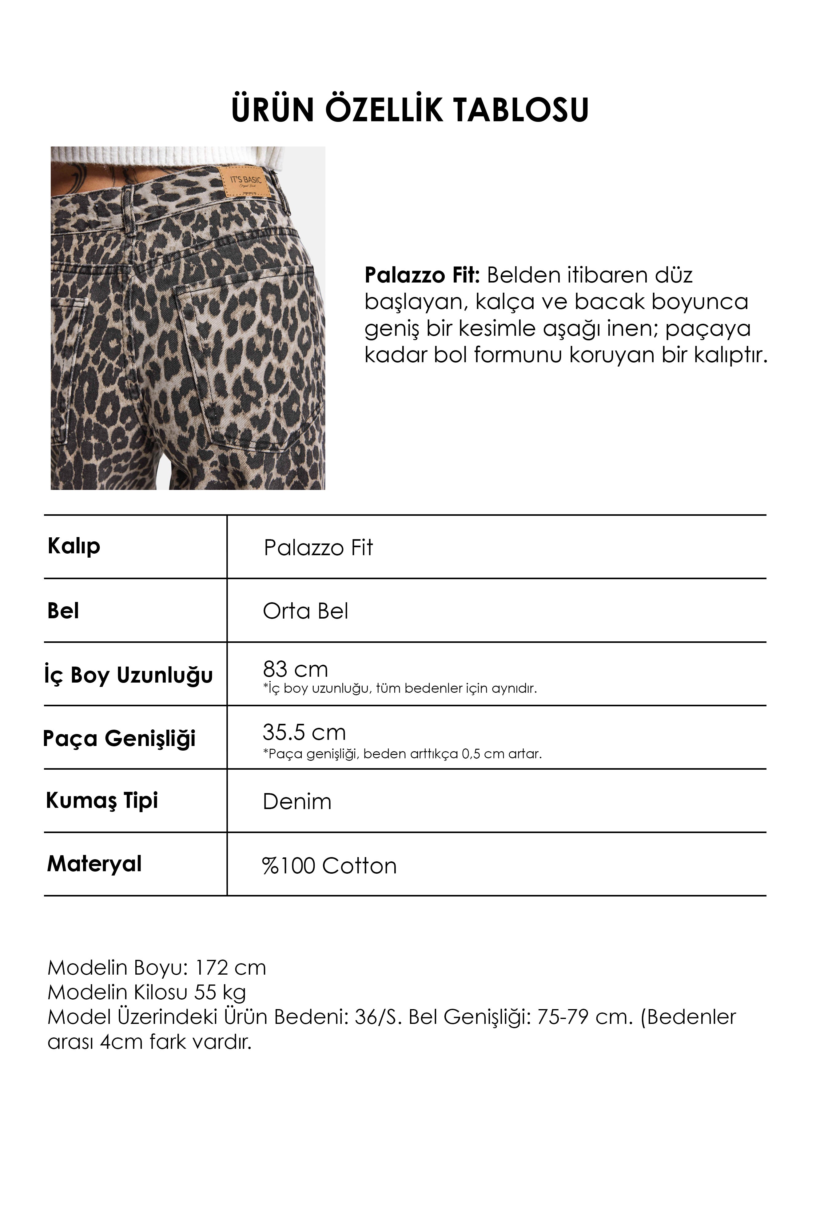 Kadın Leopar 1w6-26 Palazzo Fit Özel Desen Denim Jean