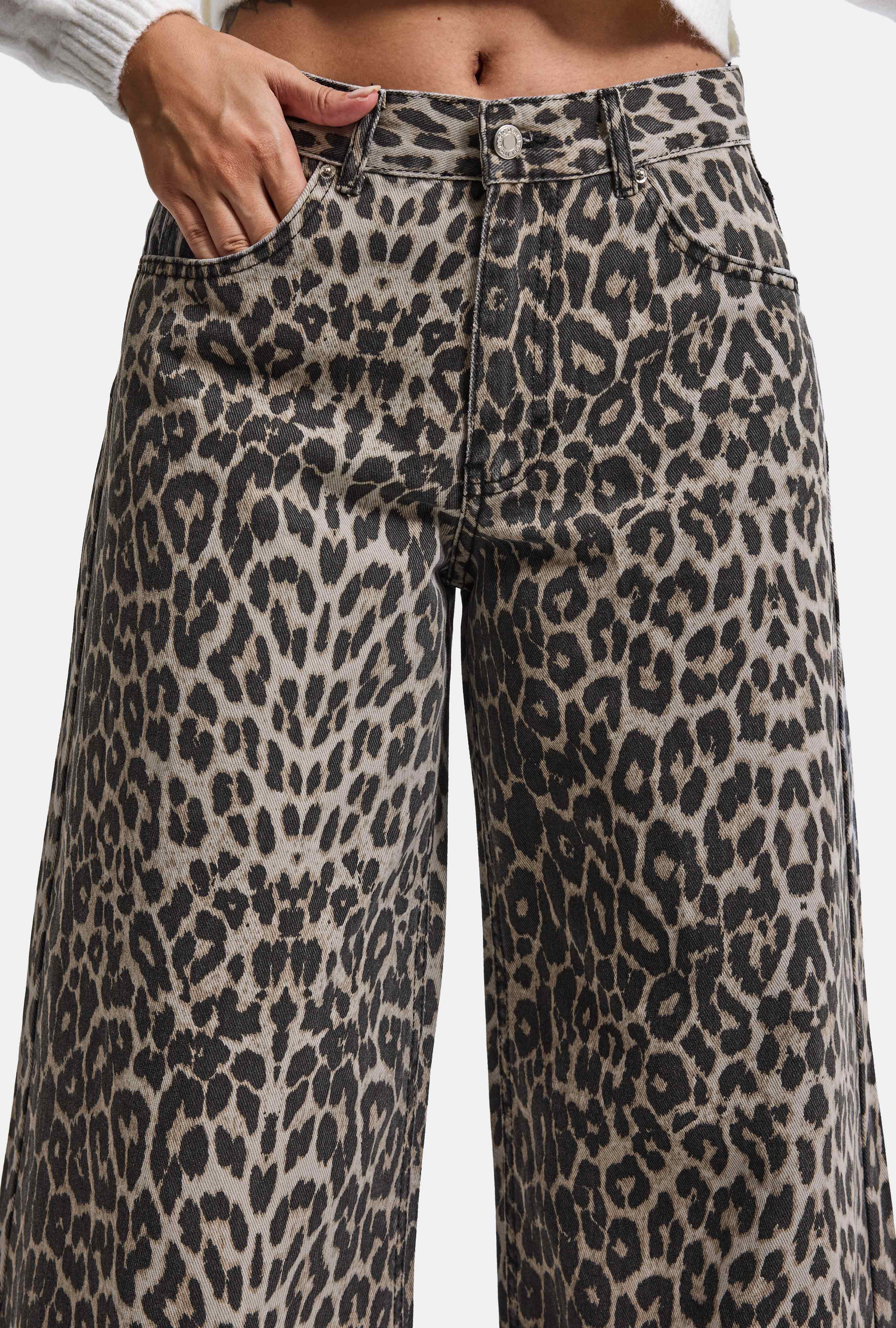 Kadın Leopar 1w6-26 Palazzo Fit Özel Desen Denim Jean
