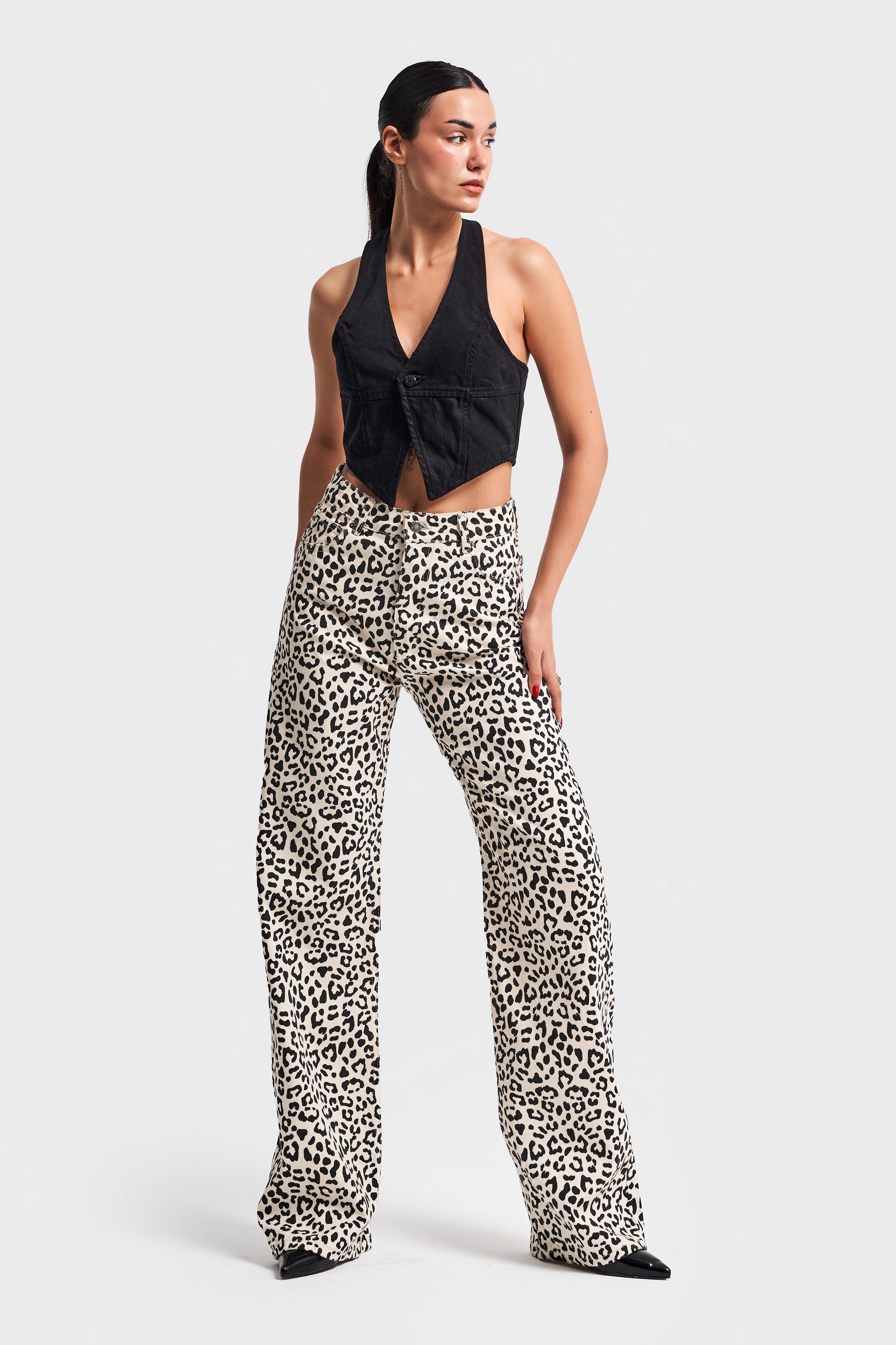 Kadın Leopar Renk Straight Fit Orta Bel Denim Pantolon