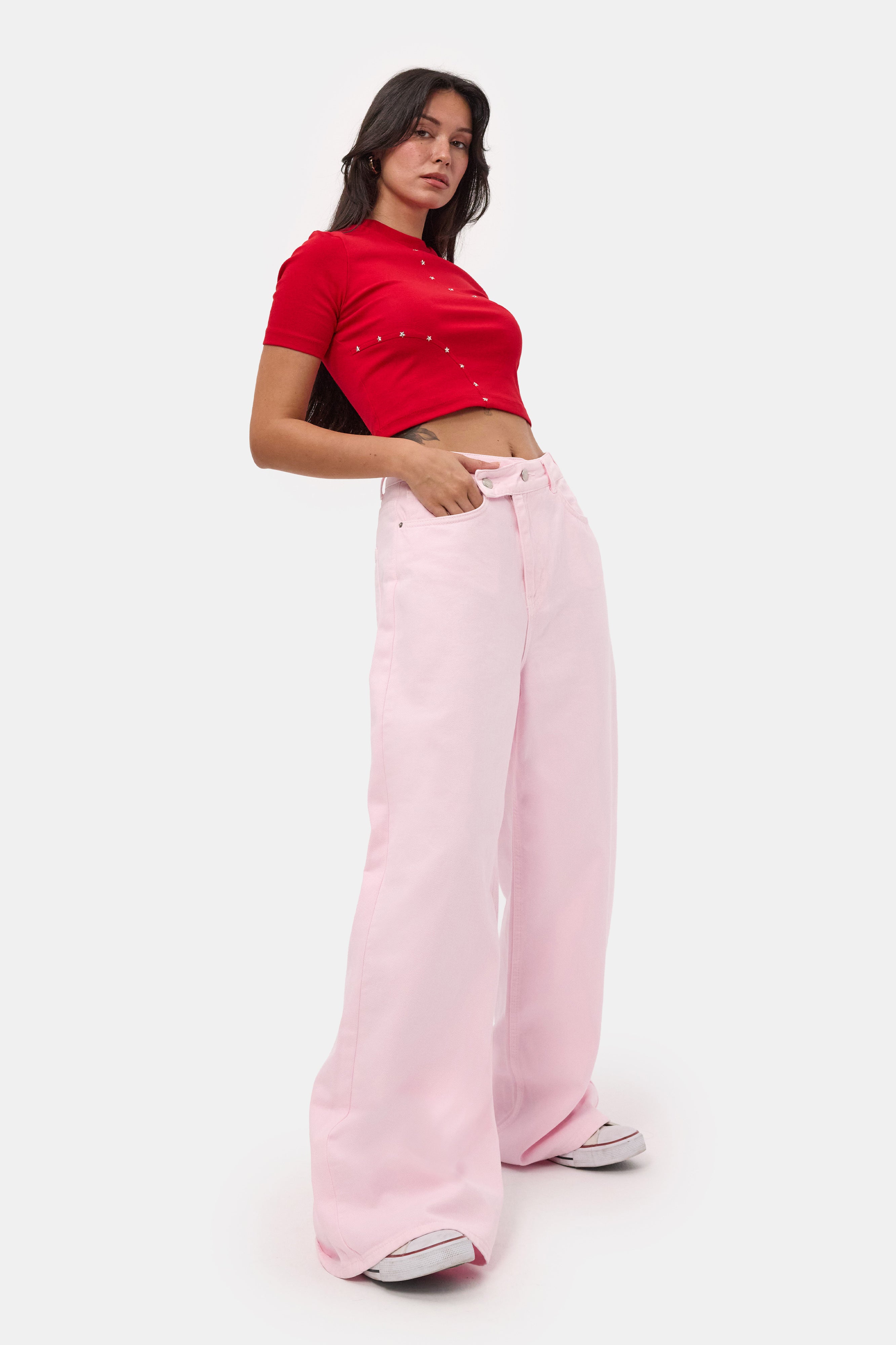 Kadın Light Pembe 6s6-98 Mega Baggy Fit Kemer Detaylı Denim Jean