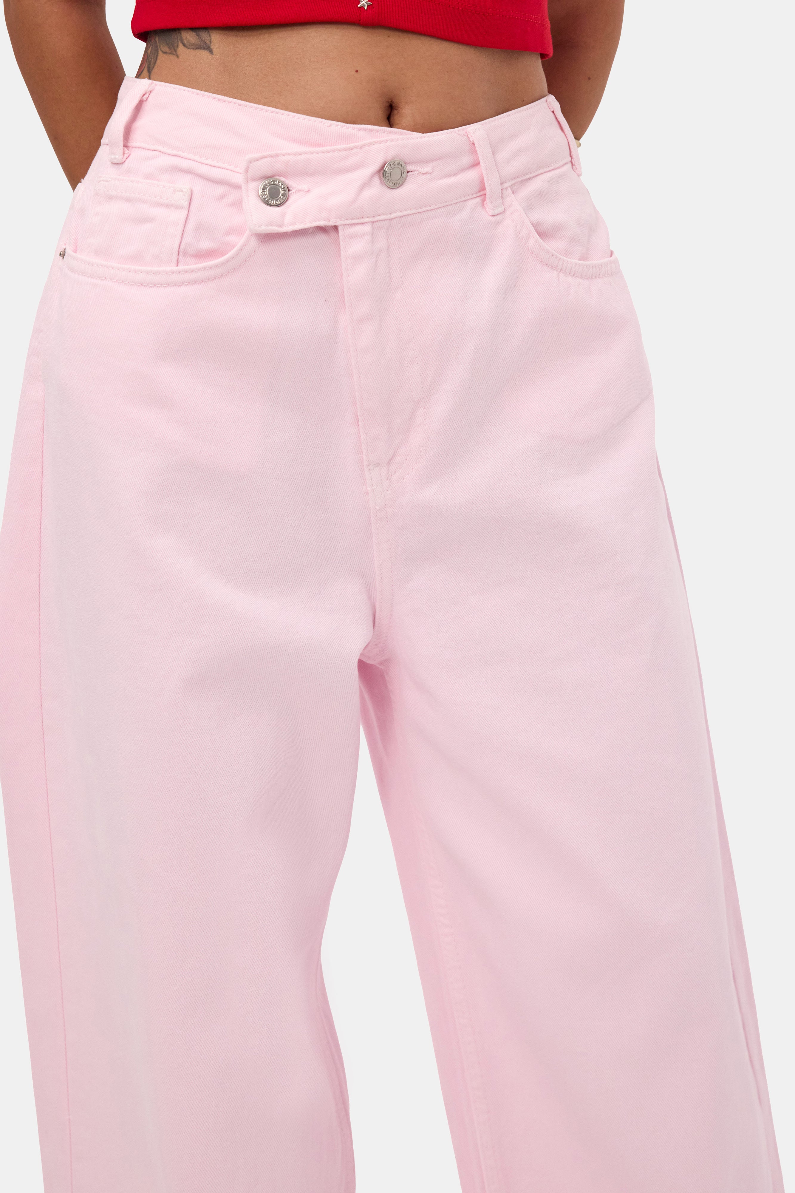 Kadın Light Pembe 6s6-98 Mega Baggy Fit Kemer Detaylı Denim Jean