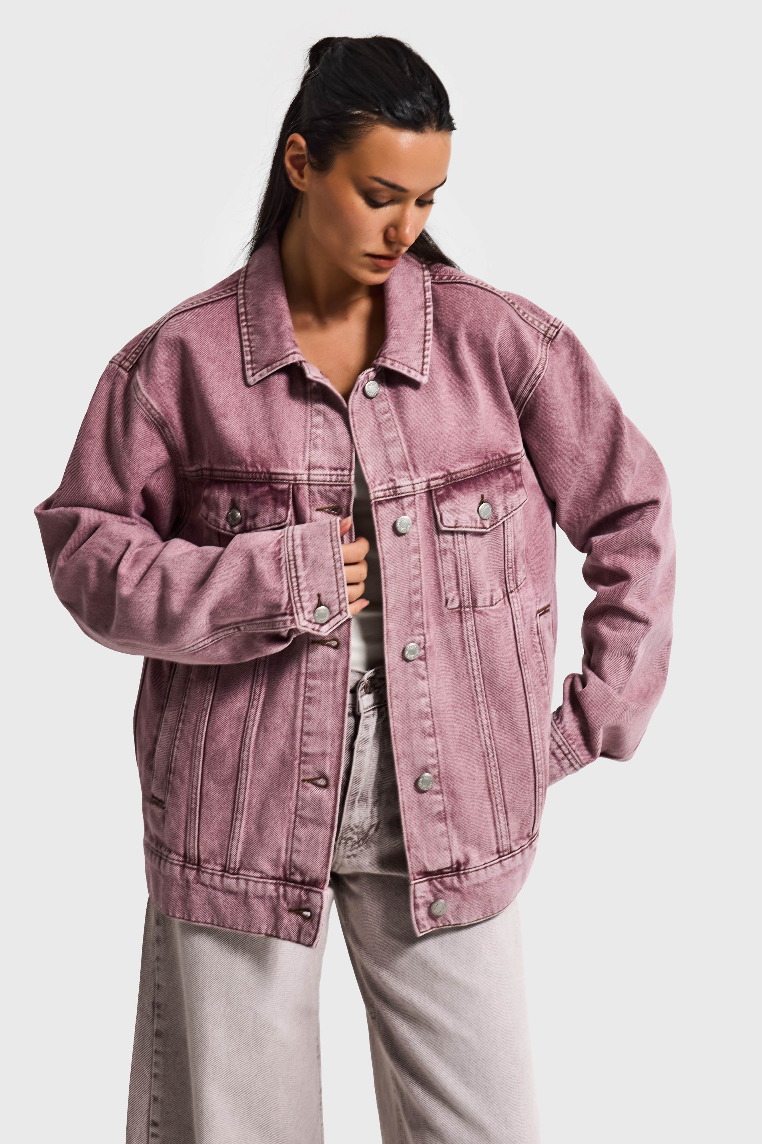 Kadın Lila 3s6-98 Oversize Özel Yıkamalı Bol Kesim Denim Ceket