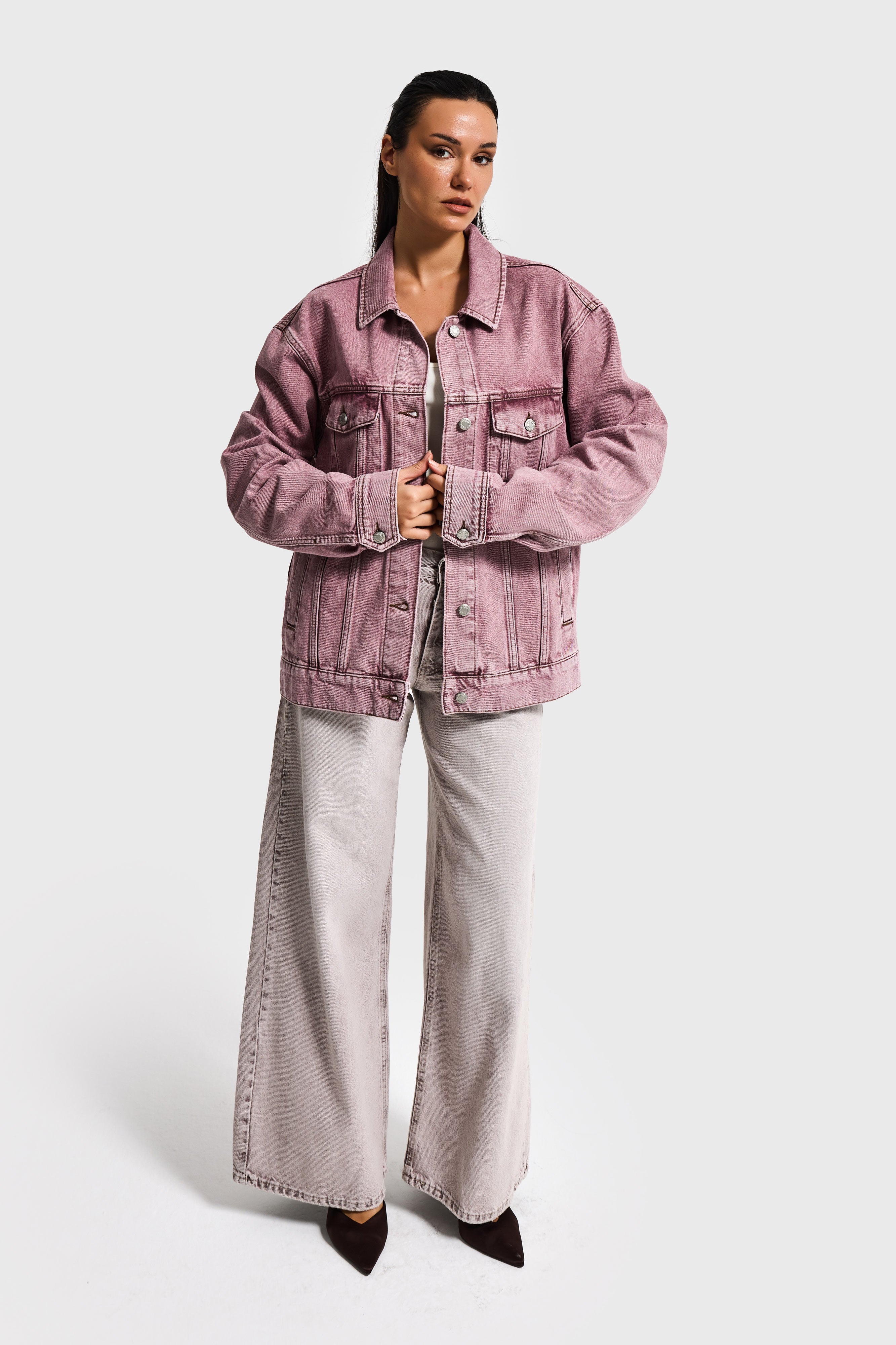 Kadın Lila 3s6-98 Oversize Özel Yıkamalı Bol Kesim Denim Ceket