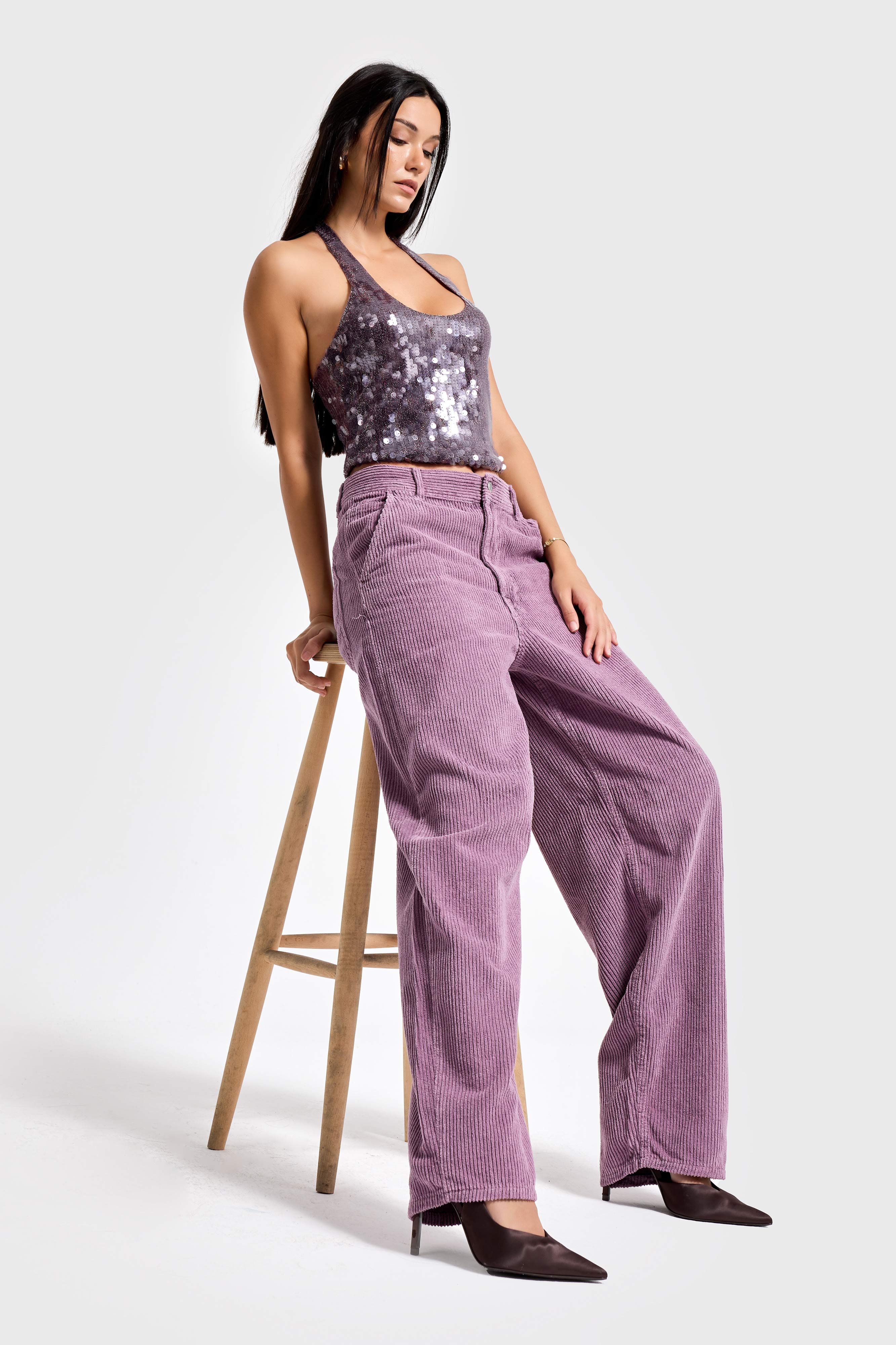 Kadın Lila Renk 29w5-111 Skater Fit Kalın Fitilli Velvet Kadife Kumaş Pantolon