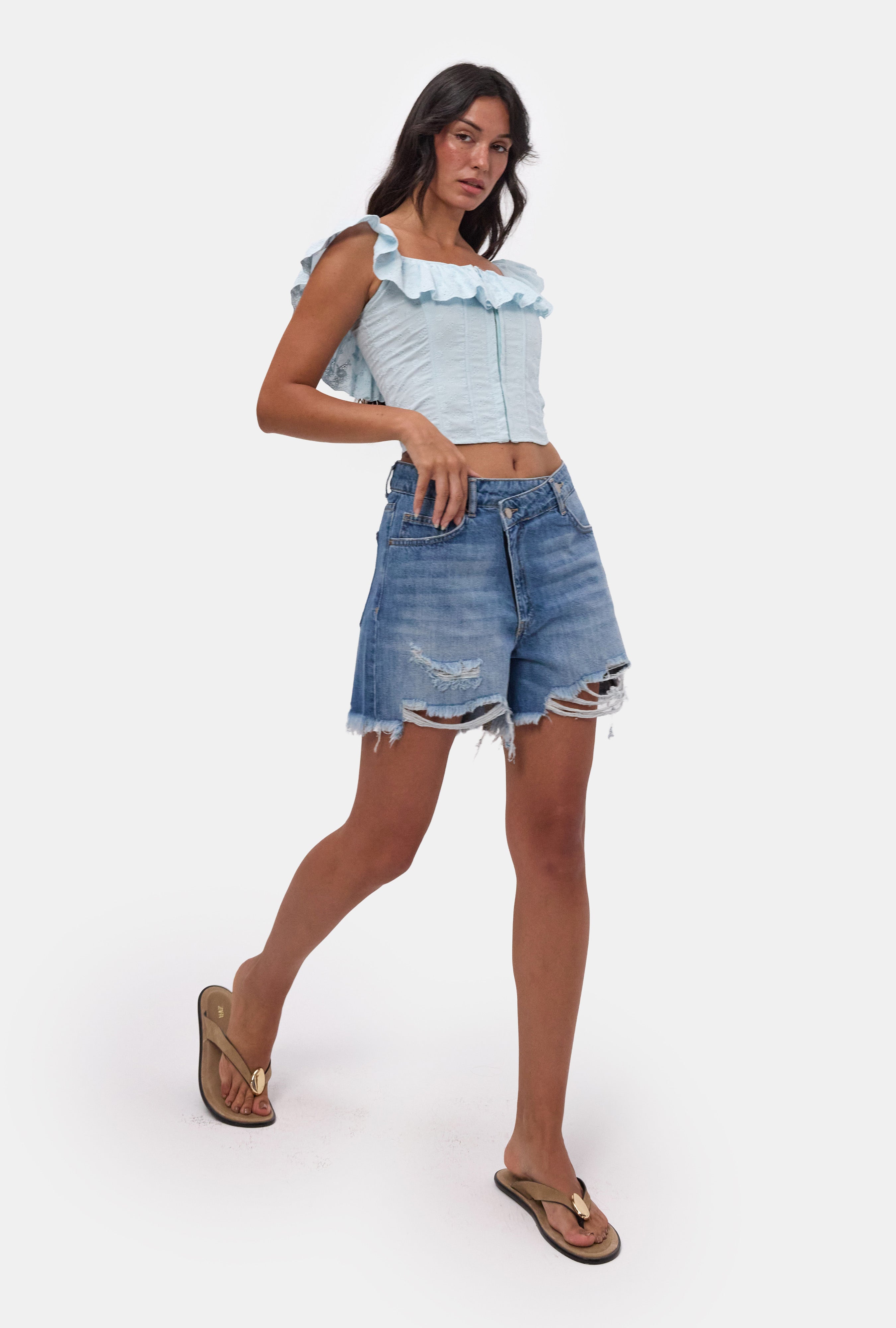 Kadın Mavi 10s6-4 Relax Fit Kemer Detaylı Denim Şort