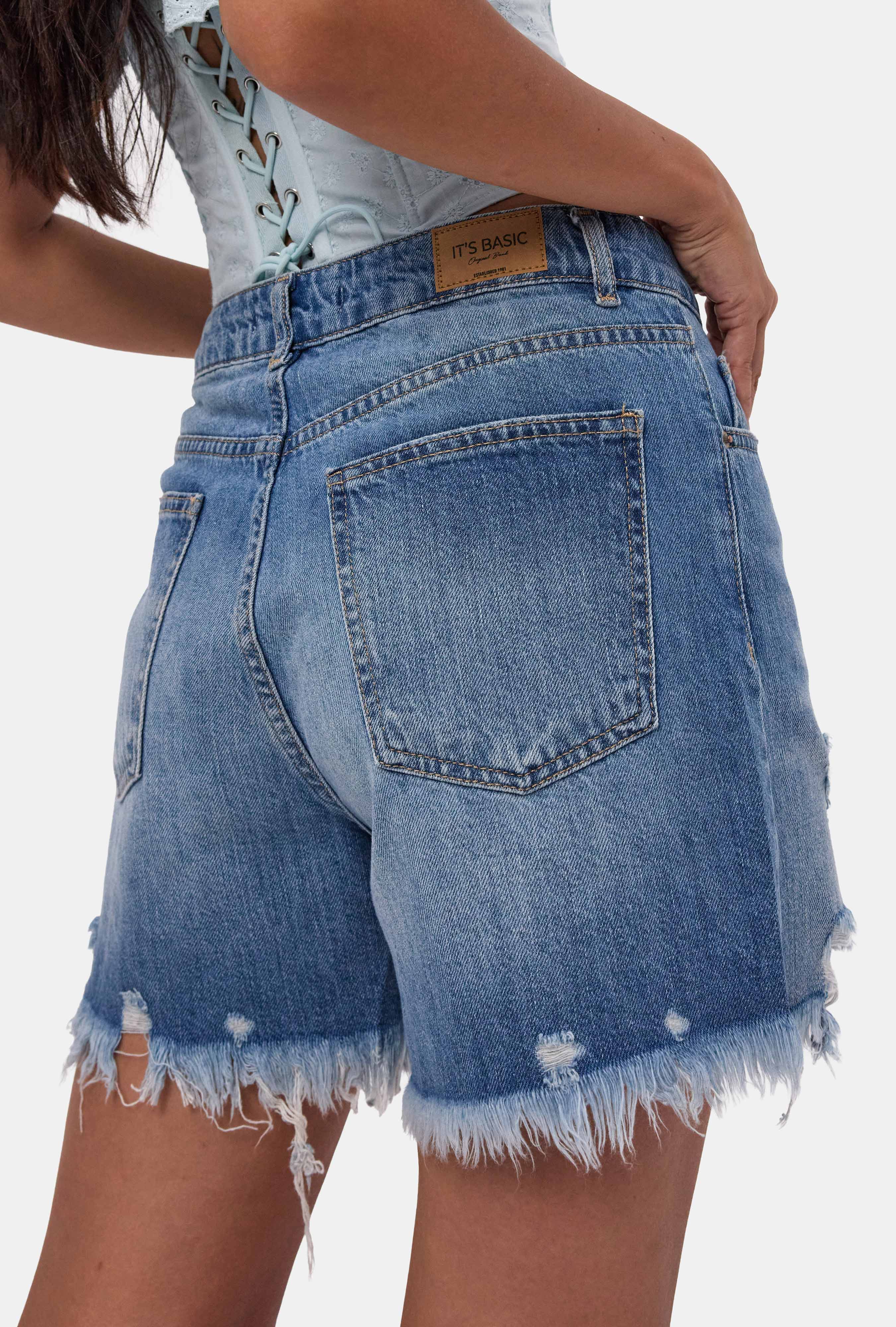Kadın Mavi 10s6-4 Relax Fit Kemer Detaylı Denim Şort
