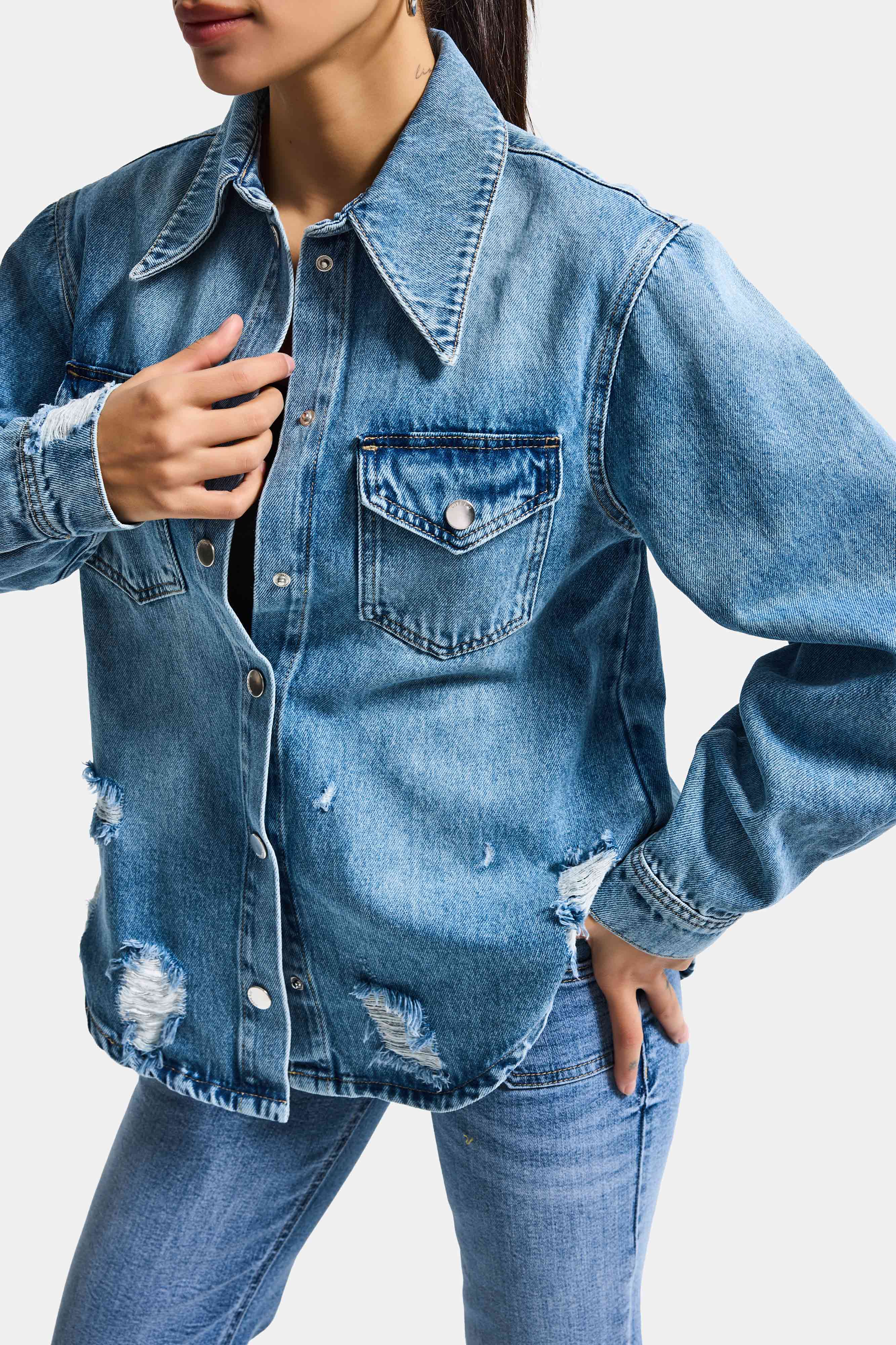 Women's Blue 12s6-4 Ripped Detail Denim Shirt
