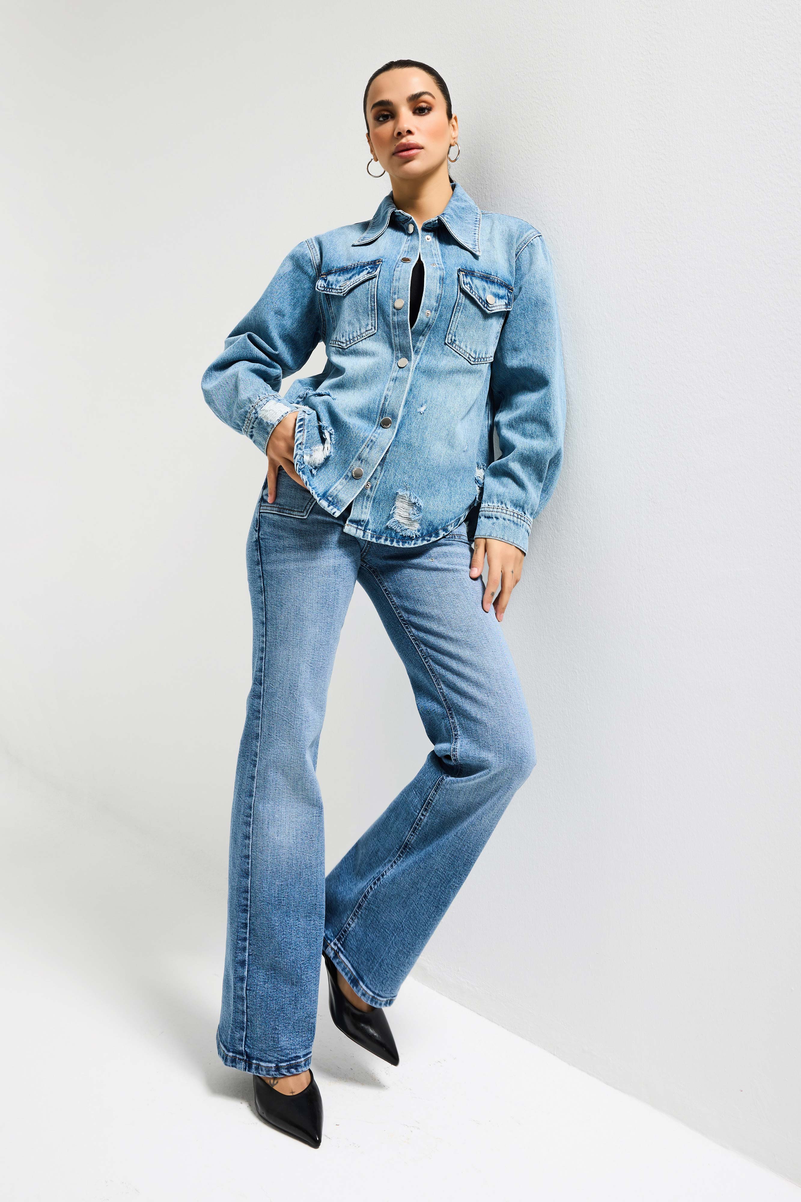 Women's Blue 12s6-4 Ripped Detail Denim Shirt