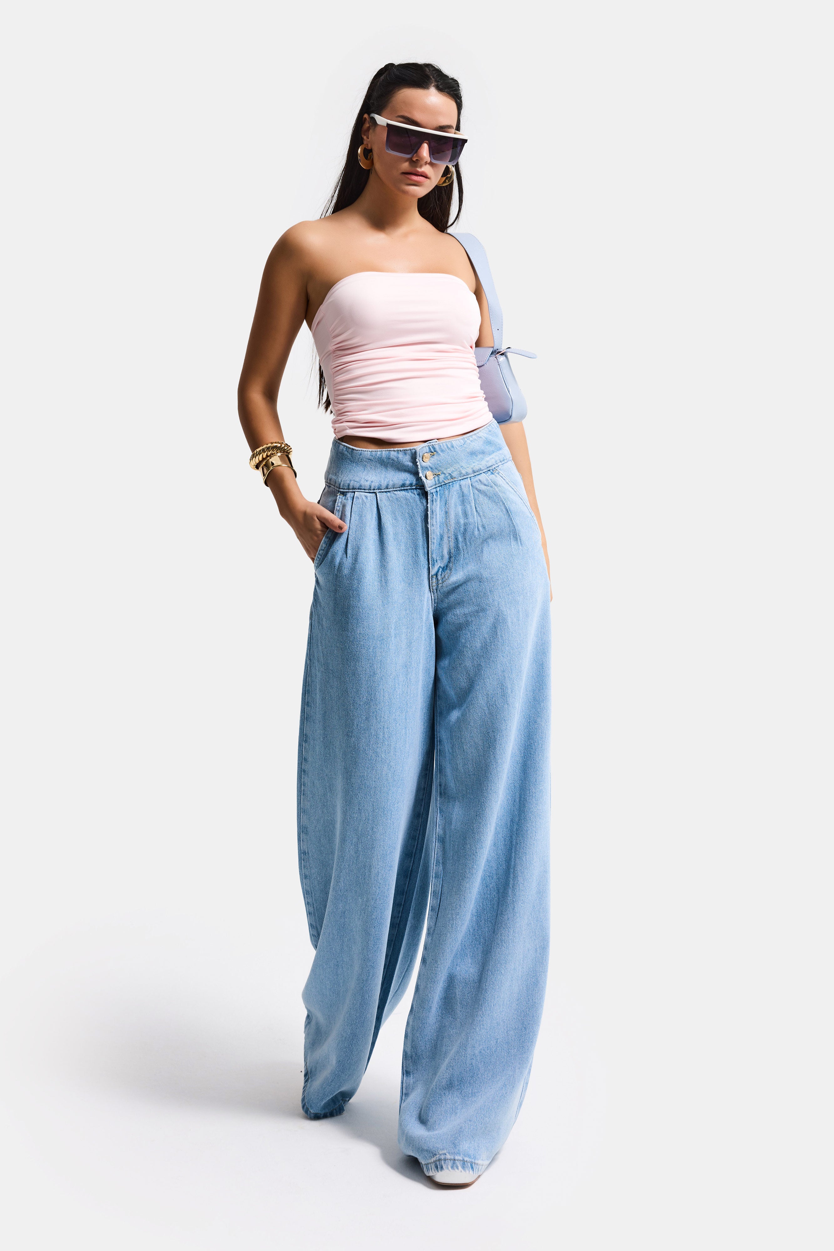 Kadın Mavi 1s6-3 Süper Palazzo Fit Viskon Özel Kumaş Dökümlü Denim Jean