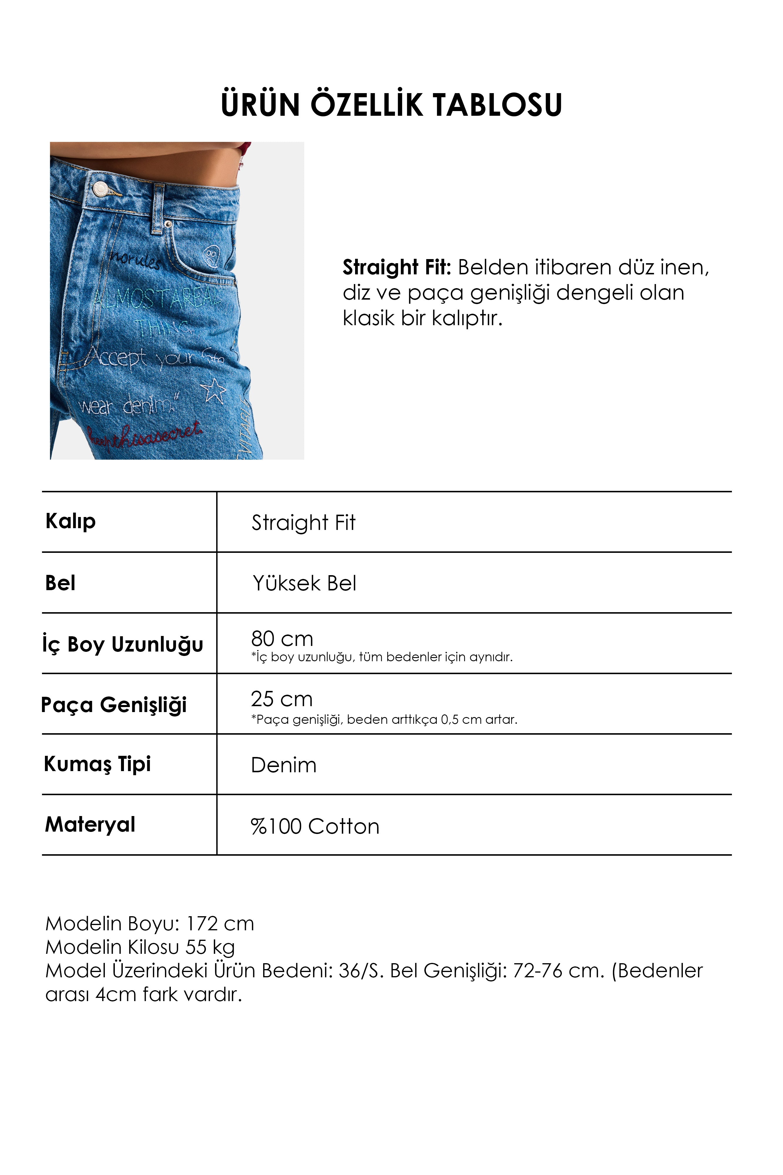 Kadın Mavi 1s6-4 Straight Fit Yüksek Bel %100 Koton Özel Tasarım Denim Jean