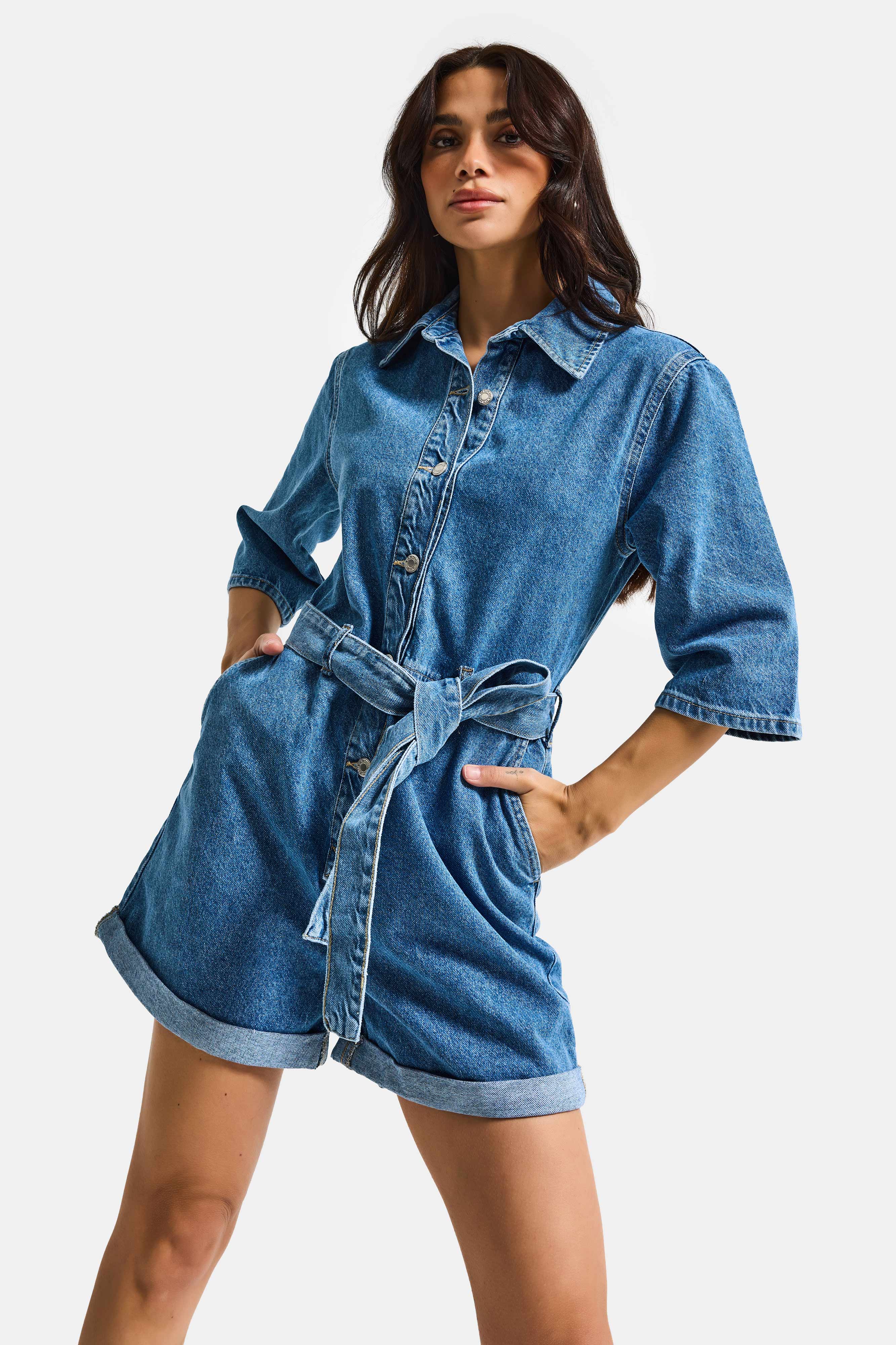 Kadın Mavi 1s6-4 Straight Kemer ve Düğme Detaylı Denim Tulum Şort