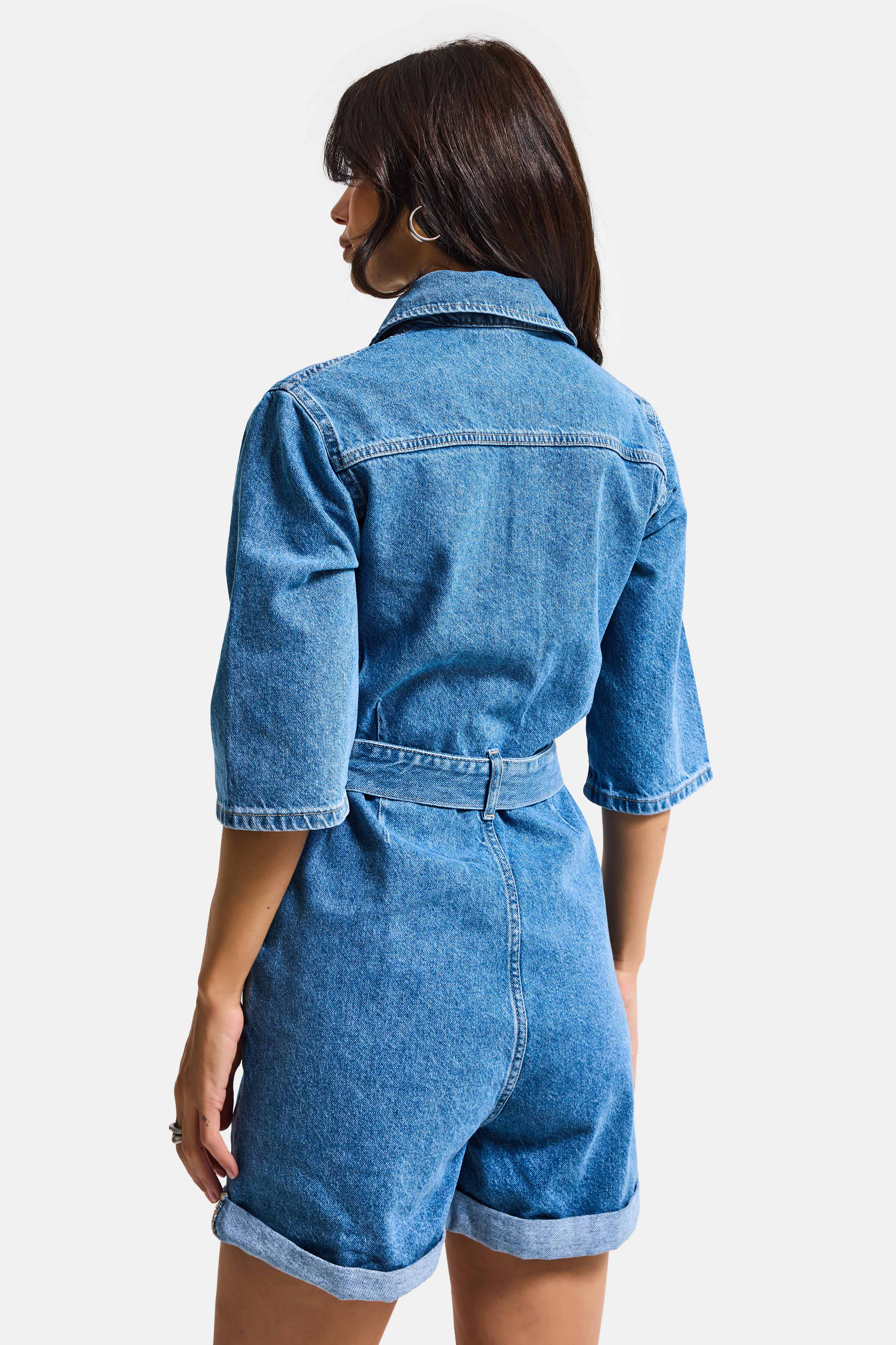 Kadın Mavi 1s6-4 Straight Kemer ve Düğme Detaylı Denim Tulum Şort