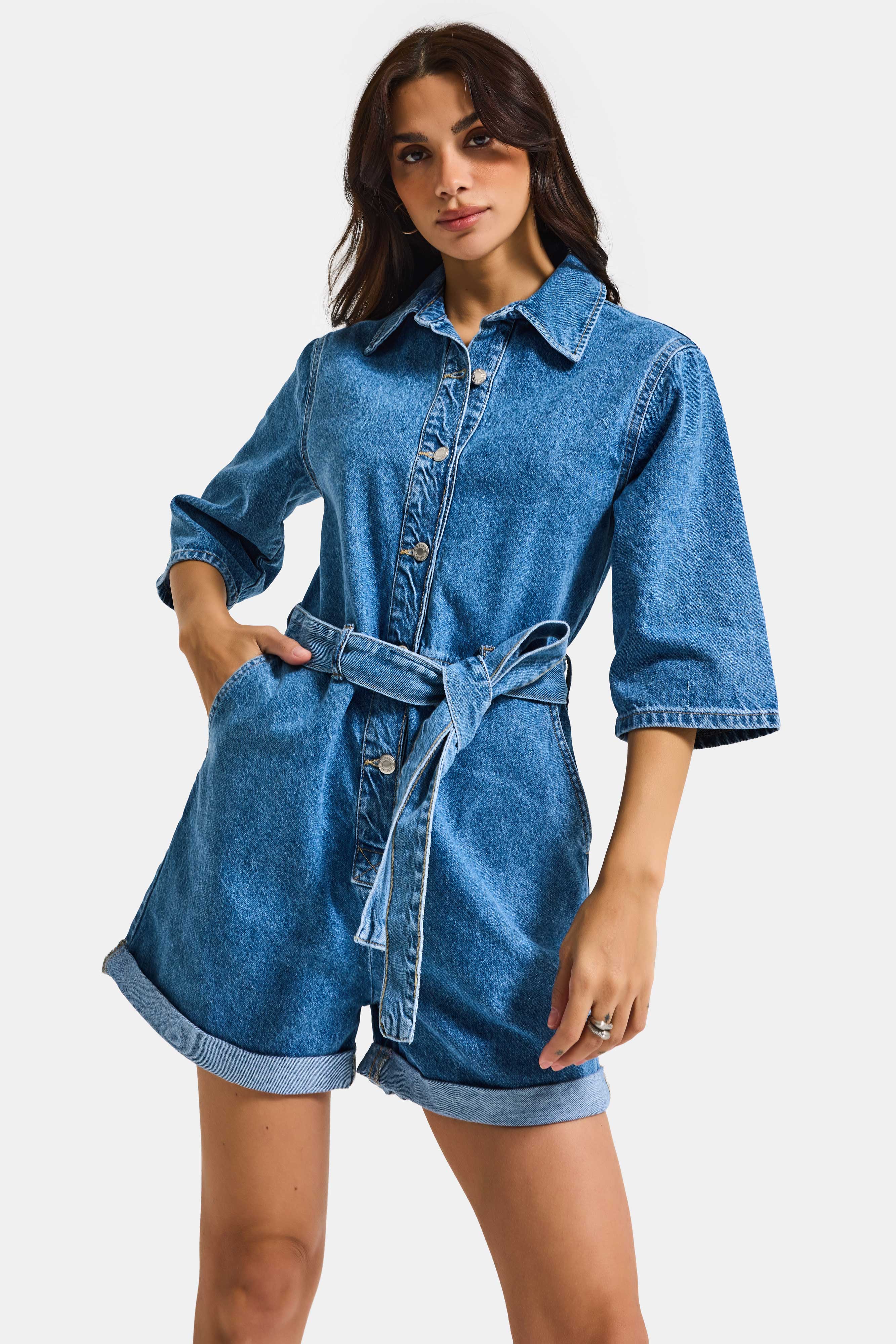 Kadın Mavi 1s6-4 Straight Kemer ve Düğme Detaylı Denim Tulum Şort