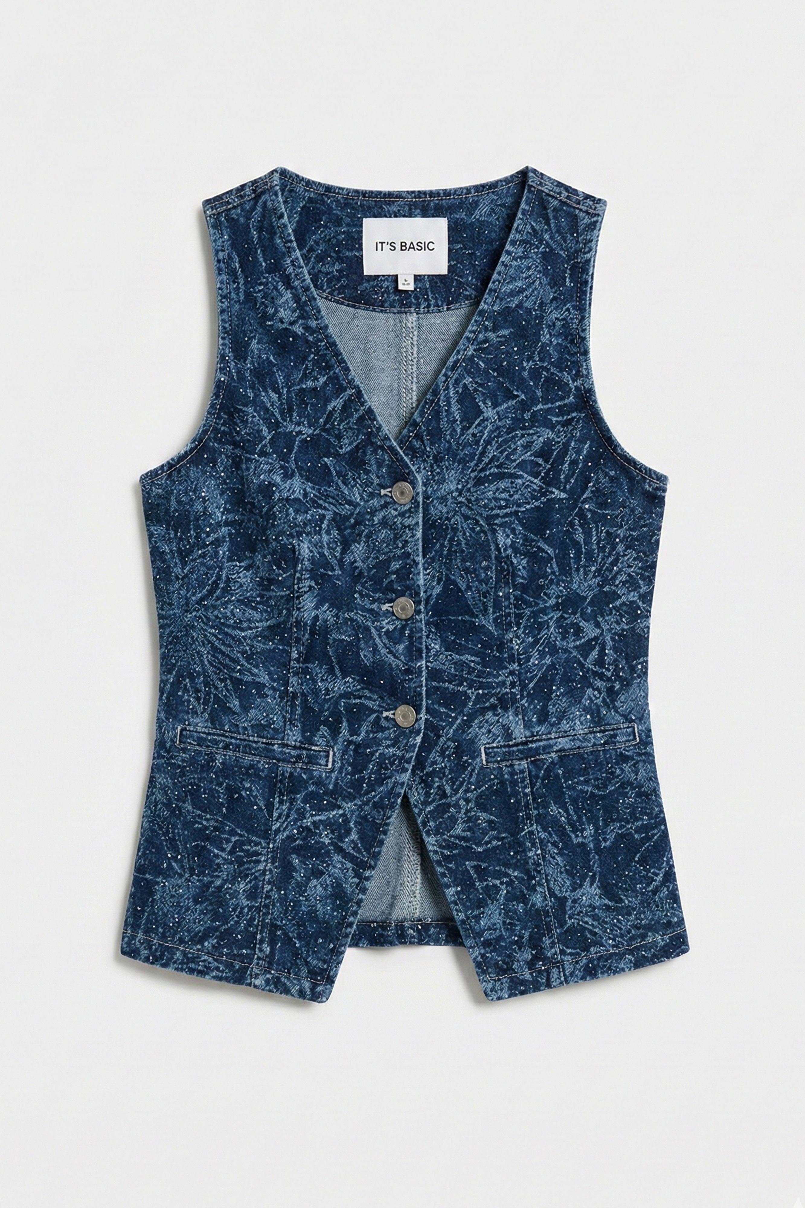 Kadın Mavi 1s6-7 Önü Düğmeli Çiçek Desenli Parlak Taşlı Tasarım Denim Yelek