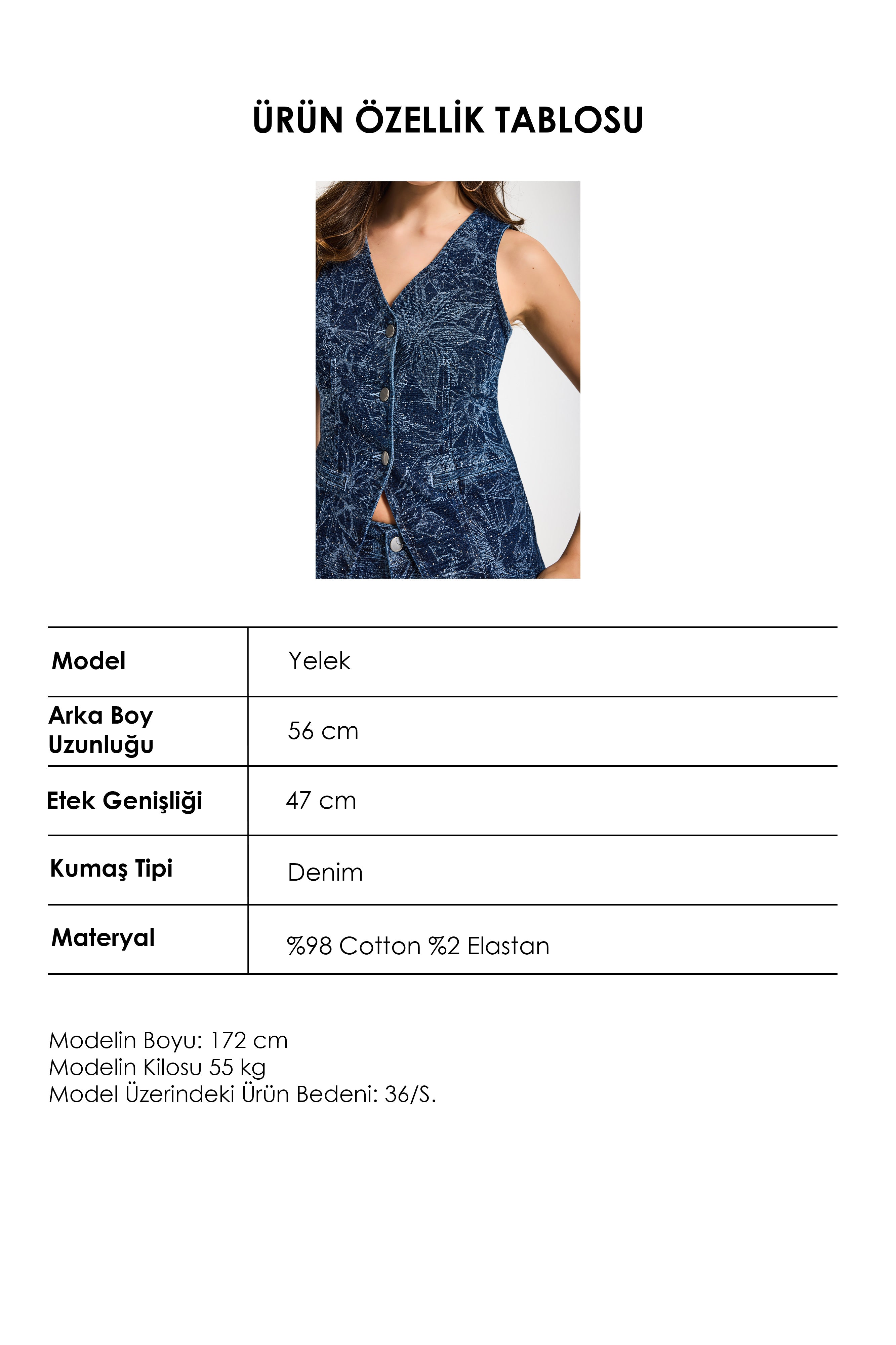 Kadın Mavi 1s6-7 Önü Düğmeli Çiçek Desenli Parlak Taşlı Tasarım Denim Yelek