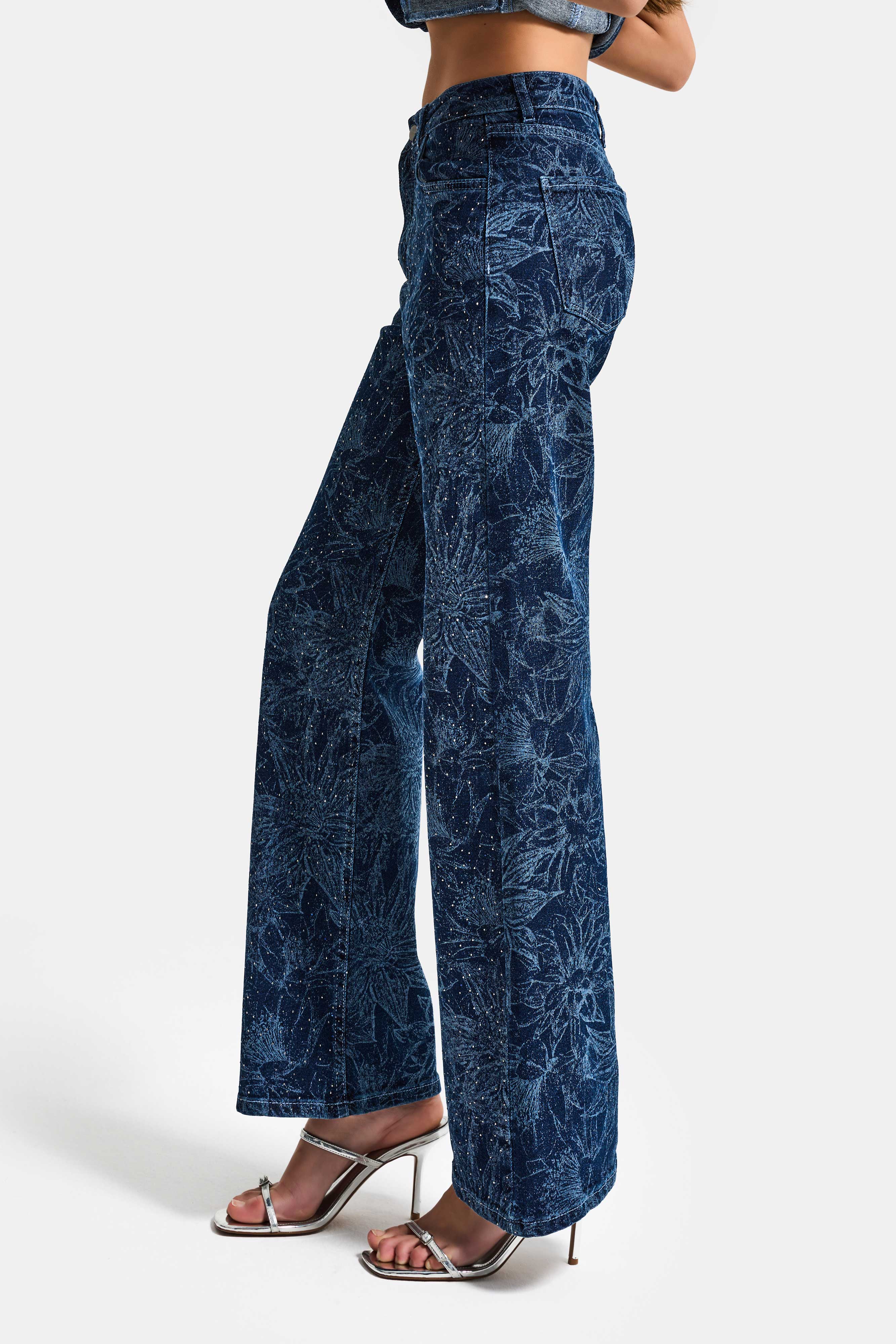 Kadın Mavi 1s6-7 Straight Fit Çiçek Desenli Parlak Taşlı Tasarım Elastan Denim Jean