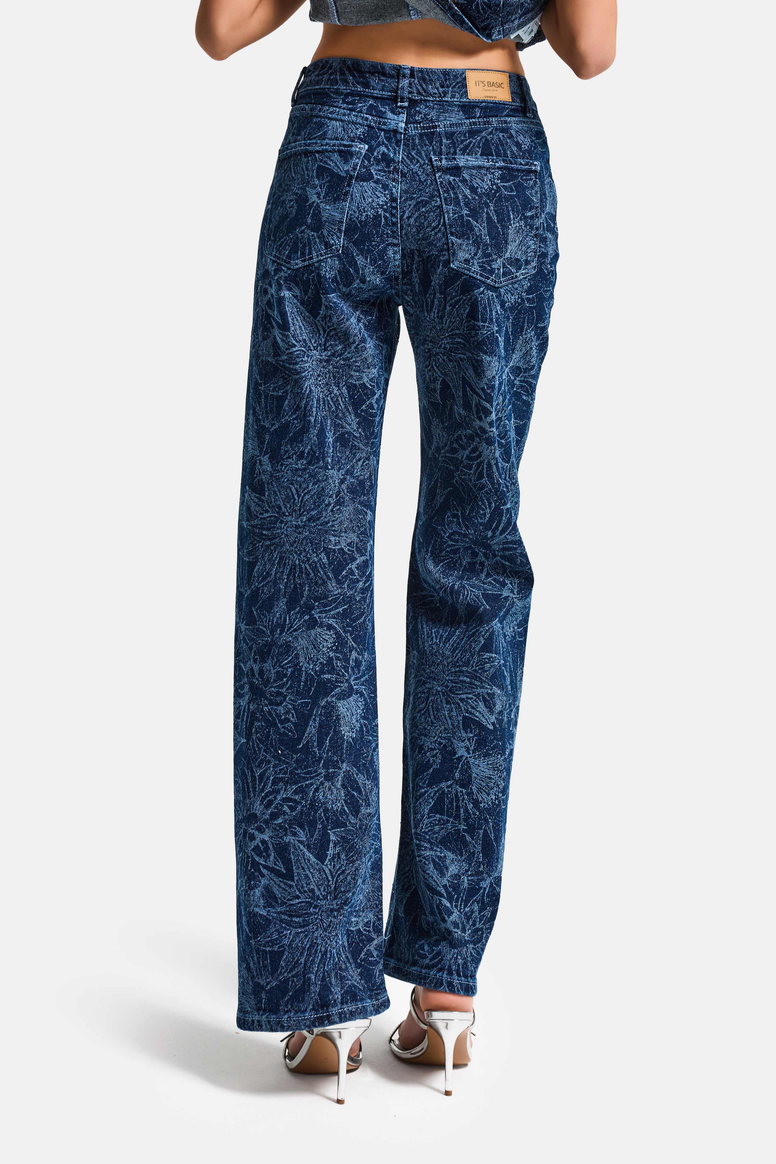 Kadın Mavi 1s6-7 Straight Fit Çiçek Desenli Parlak Taşlı Tasarım Elastan Denim Jean