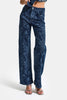 Kadın Mavi 1s6-7 Straight Fit Çiçek Desenli Parlak Taşlı Tasarım Elastan Denim Jean