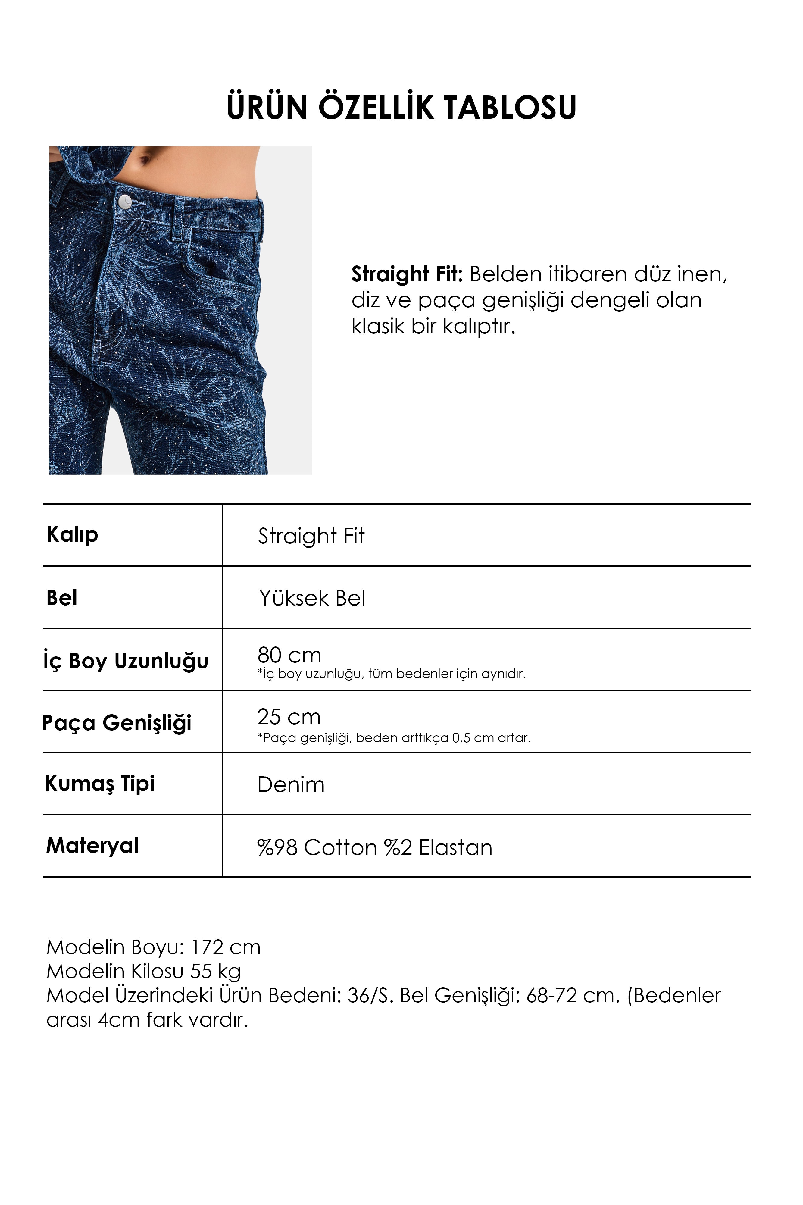 Kadın Mavi 1s6-7 Straight Fit Çiçek Desenli Parlak Taşlı Tasarım Elastan Denim Jean