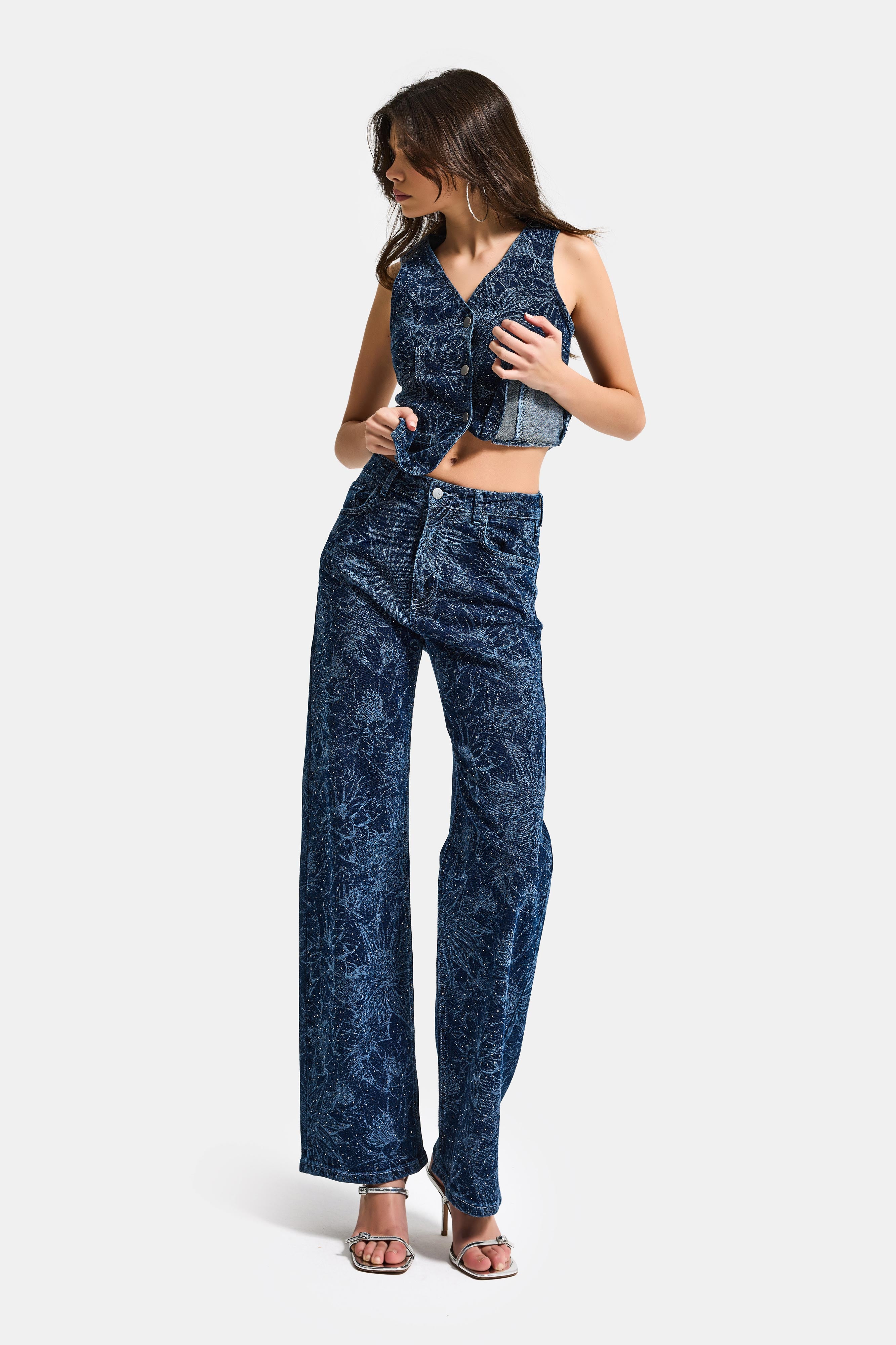 Kadın Mavi 1s6-7 Straight Fit Çiçek Desenli Parlak Taşlı Tasarım Elastan Denim Jean