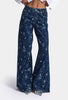 Kadın Mavi 1w6-5 Palazzo Fit Özel Çiçek Baskılı Kumaş Tasarım Denim Jean