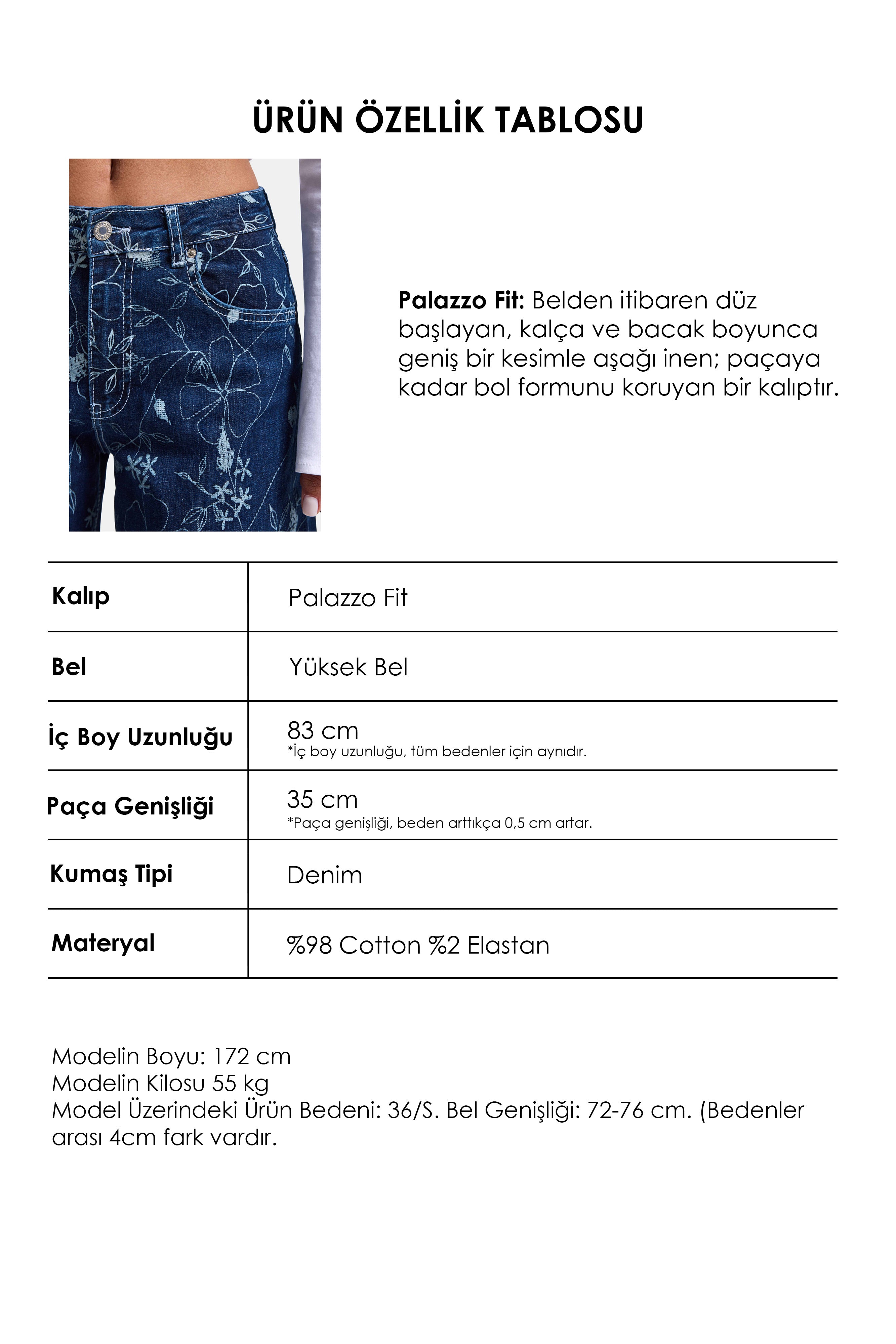 Kadın Mavi 1w6-5 Palazzo Fit Özel Çiçek Baskılı Kumaş Tasarım Denim Jean