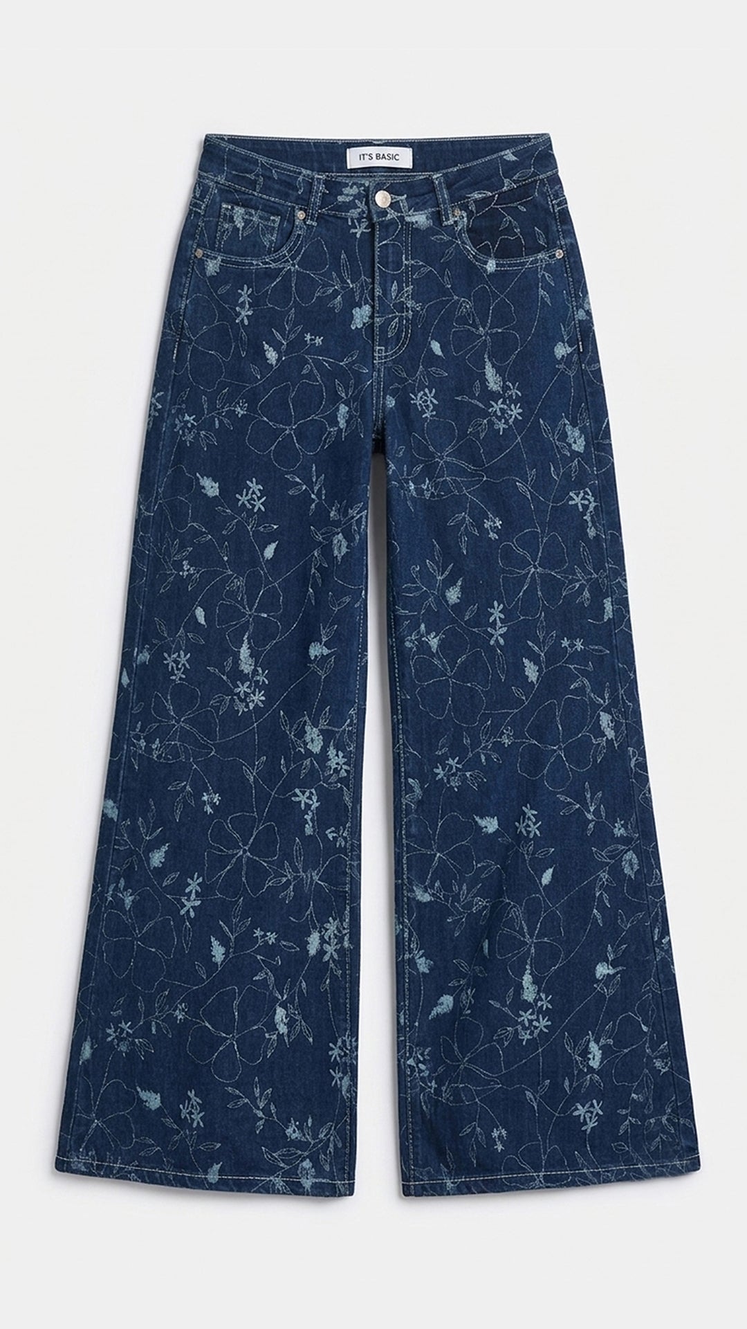 Kadın Mavi 1w6-5 Palazzo Fit Özel Çiçek Baskılı Kumaş Tasarım Denim Jean