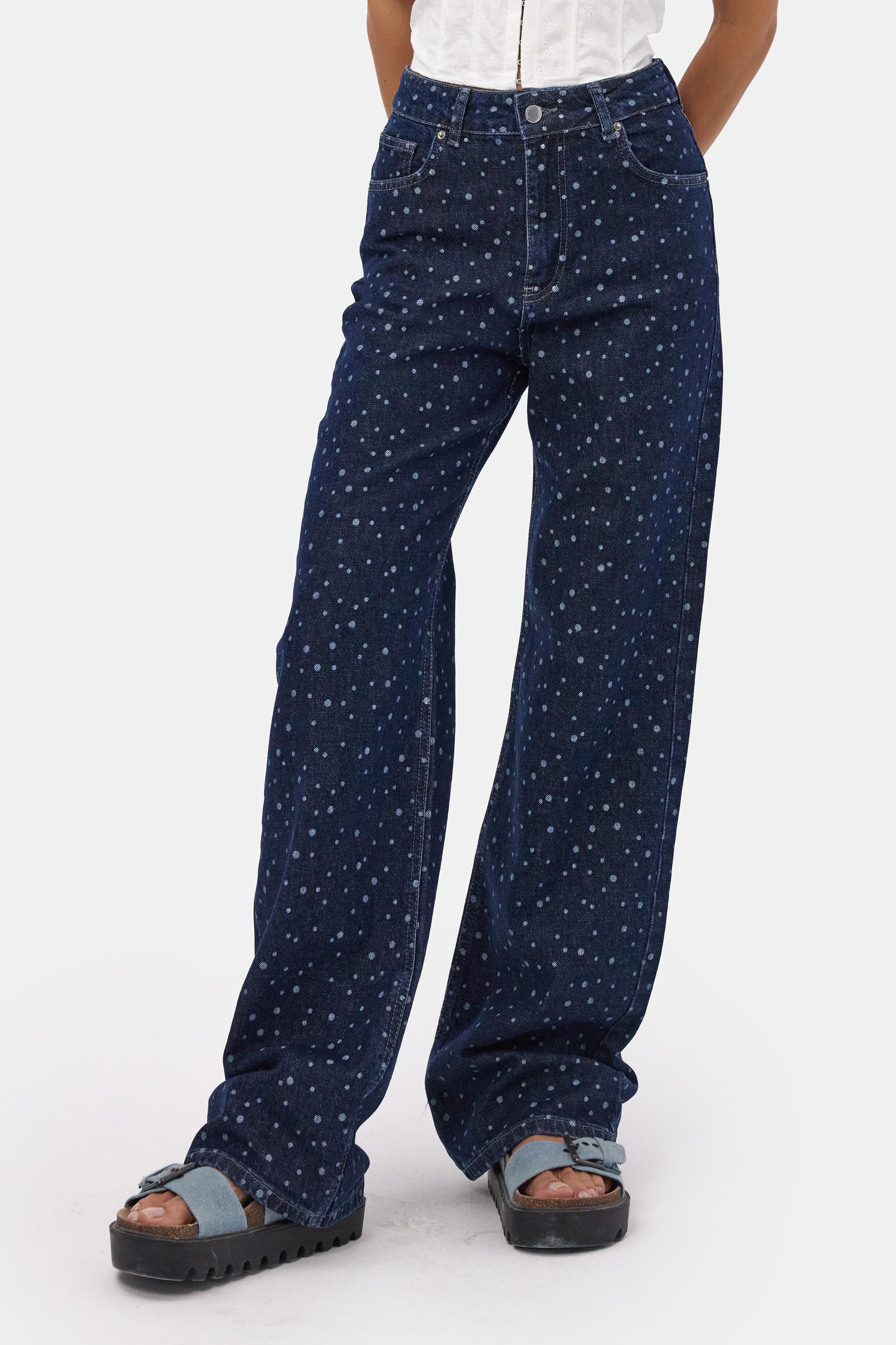 Kadın Mavi 1w6-7 Wide Leg Puantiyeli Denim Jean