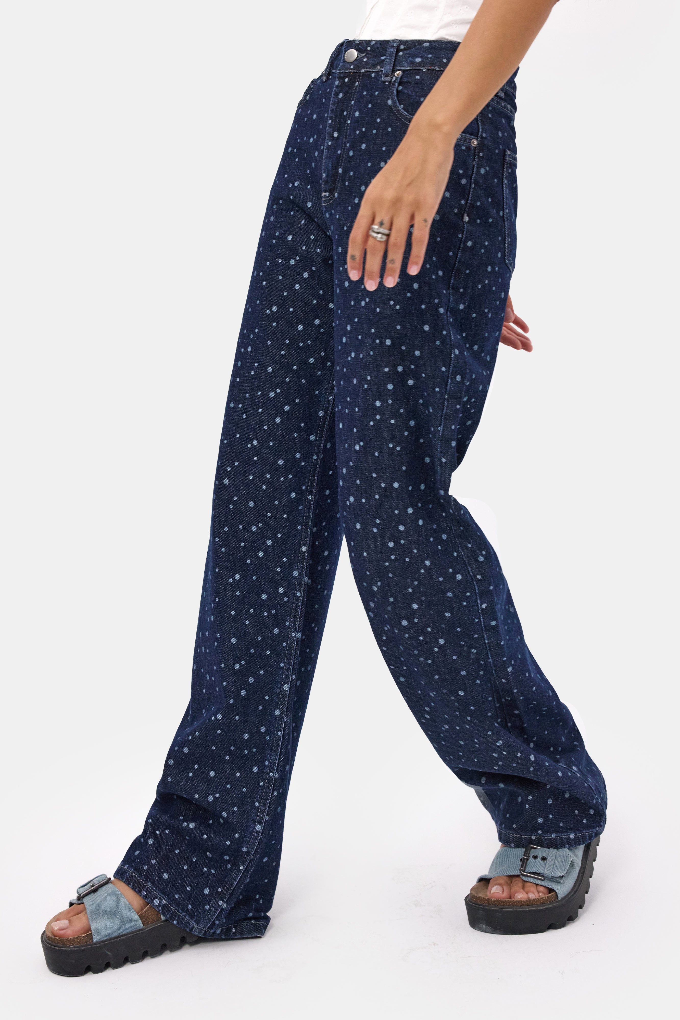 Kadın Mavi 1w6-7 Wide Leg Puantiyeli Denim Jean