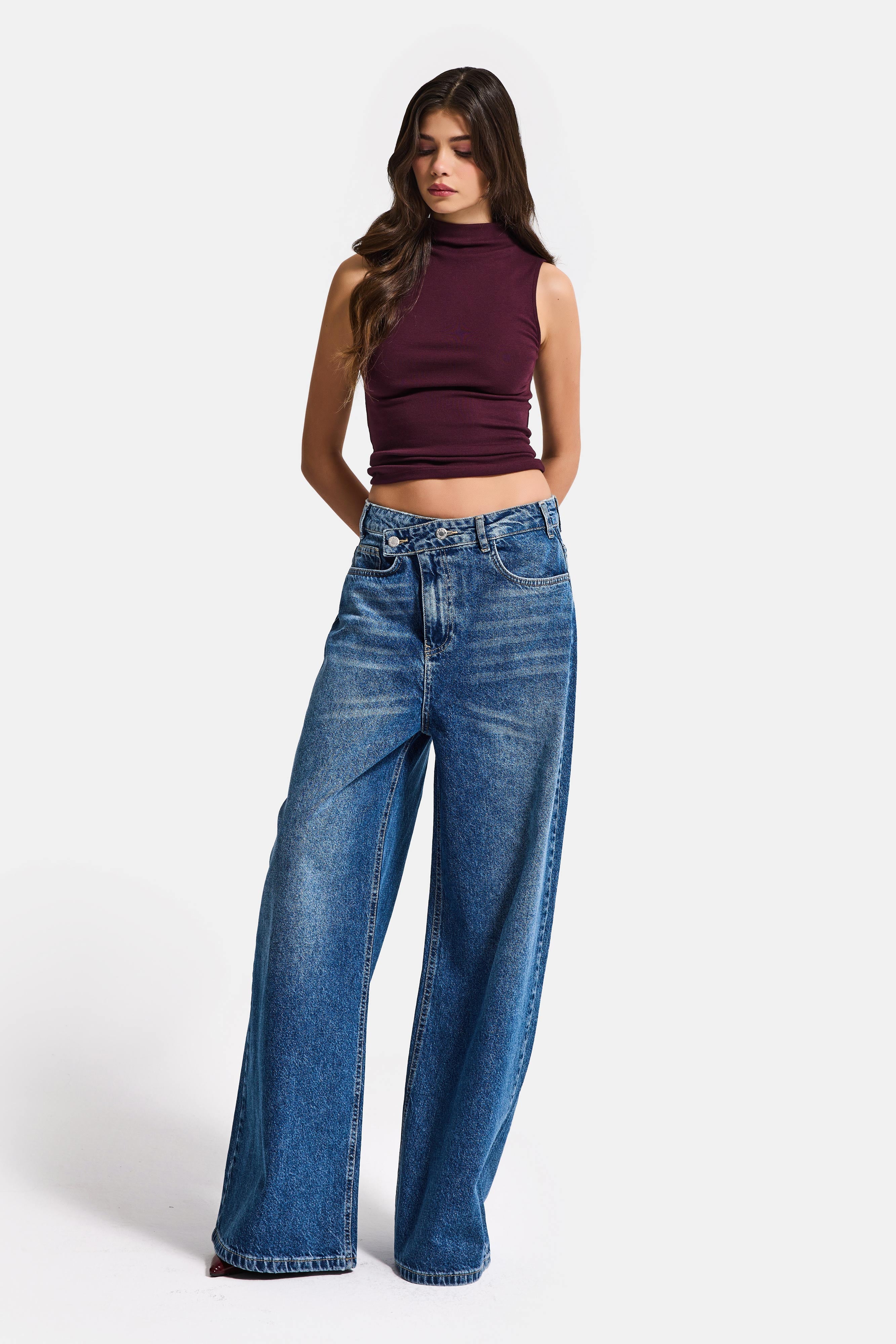 Kadın Mavi 2s6-4 Mega Baggy Fit Kemer Detaylı Bol Kesim Denim Jean