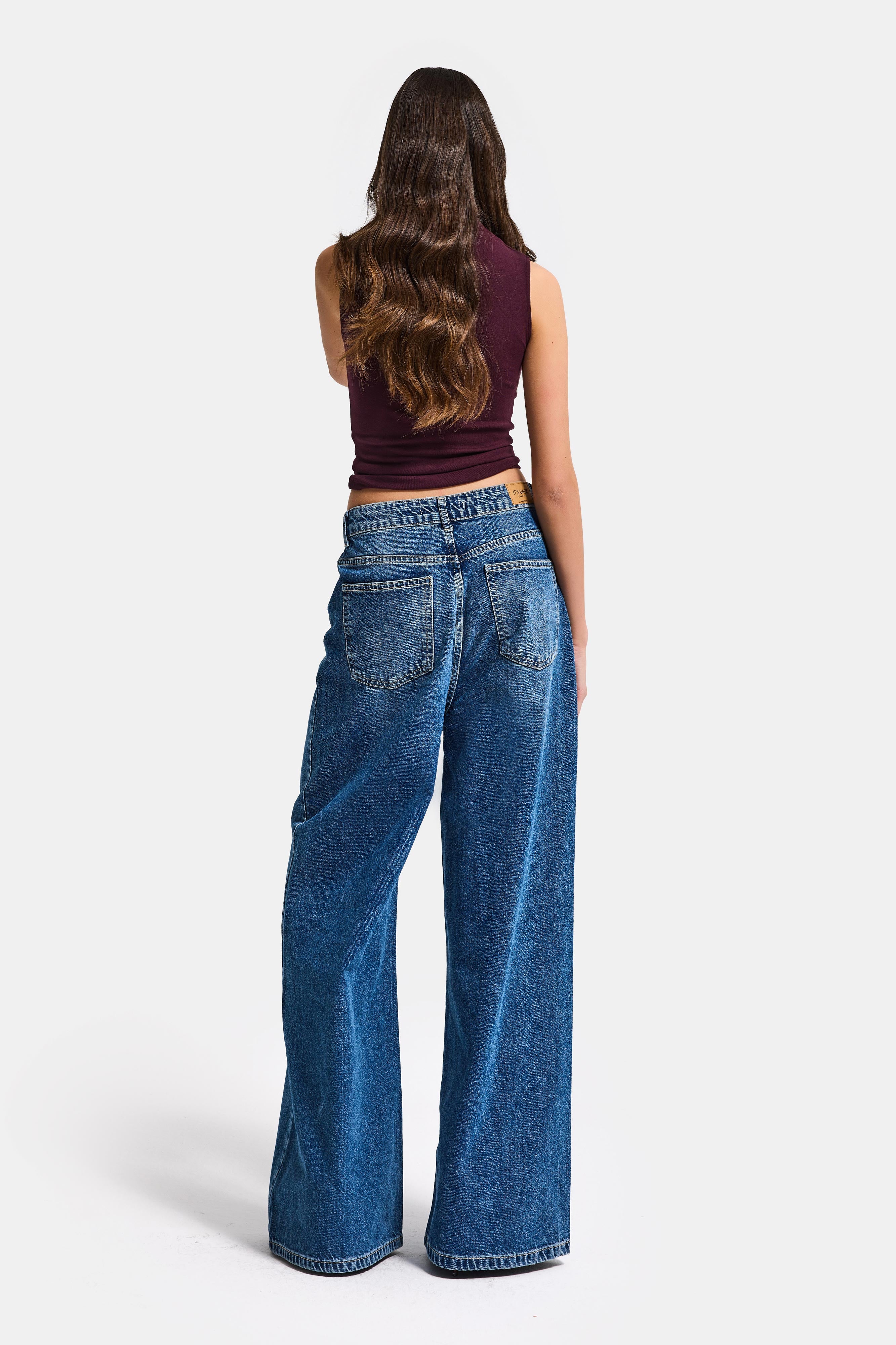 Kadın Mavi 2s6-4 Mega Baggy Fit Kemer Detaylı Bol Kesim Denim Jean