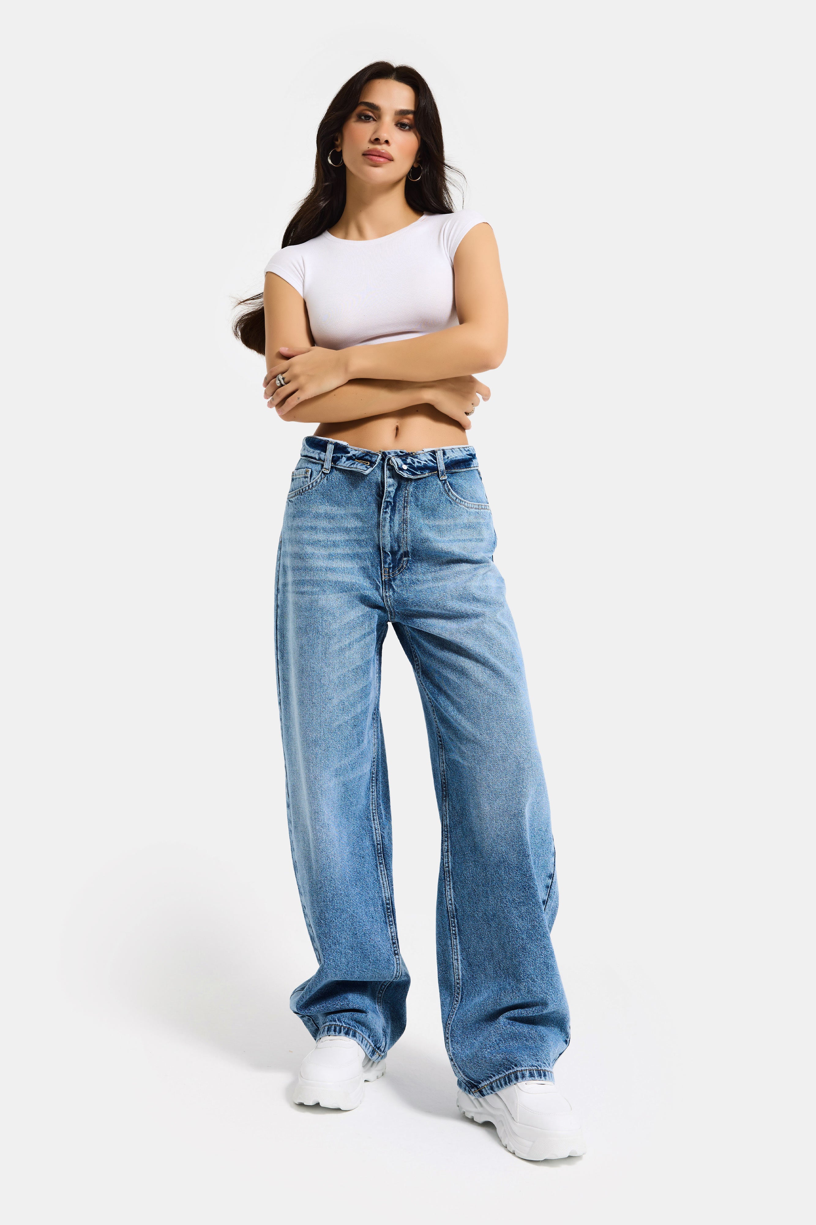 Kadın Mavi 4s6-4 Straight Fit Kemer Detaylı Özel Tasarım Denim Jean