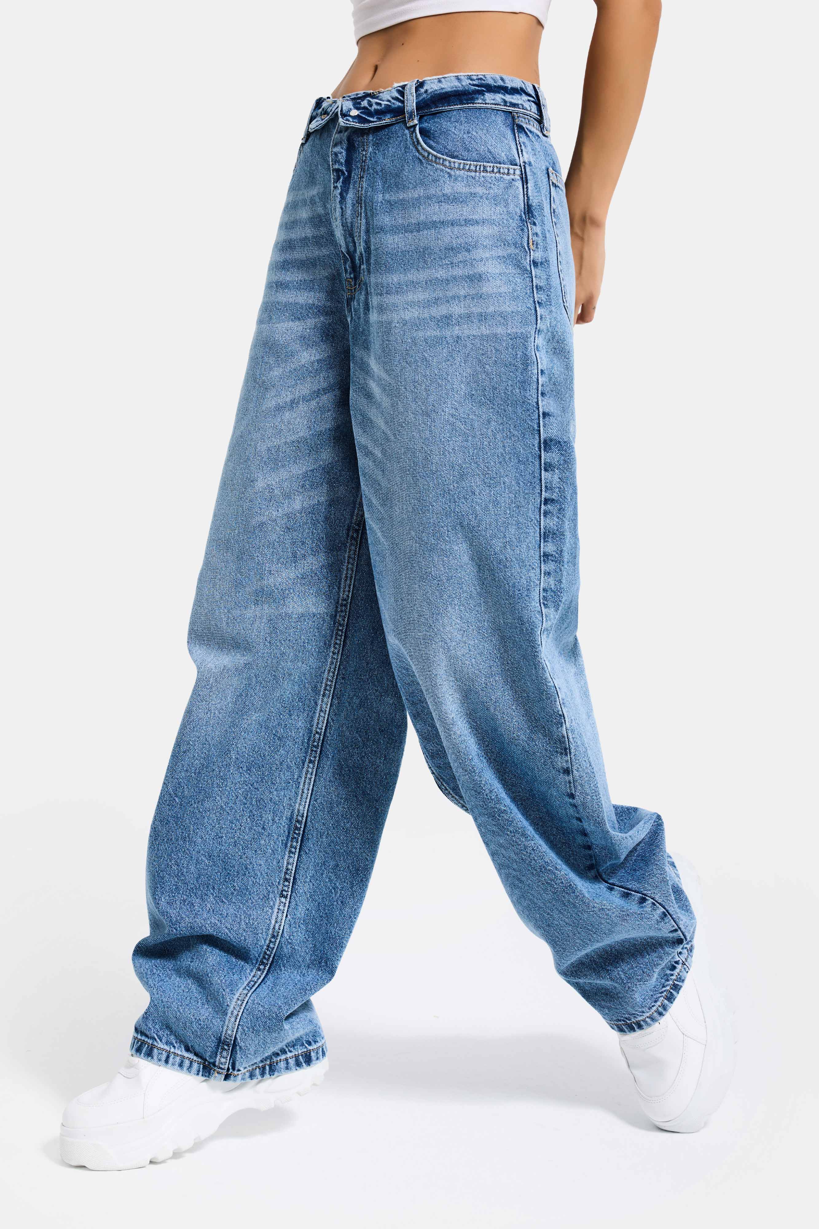 Kadın Mavi 4s6-4 Straight Fit Kemer Detaylı Özel Tasarım Denim Jean