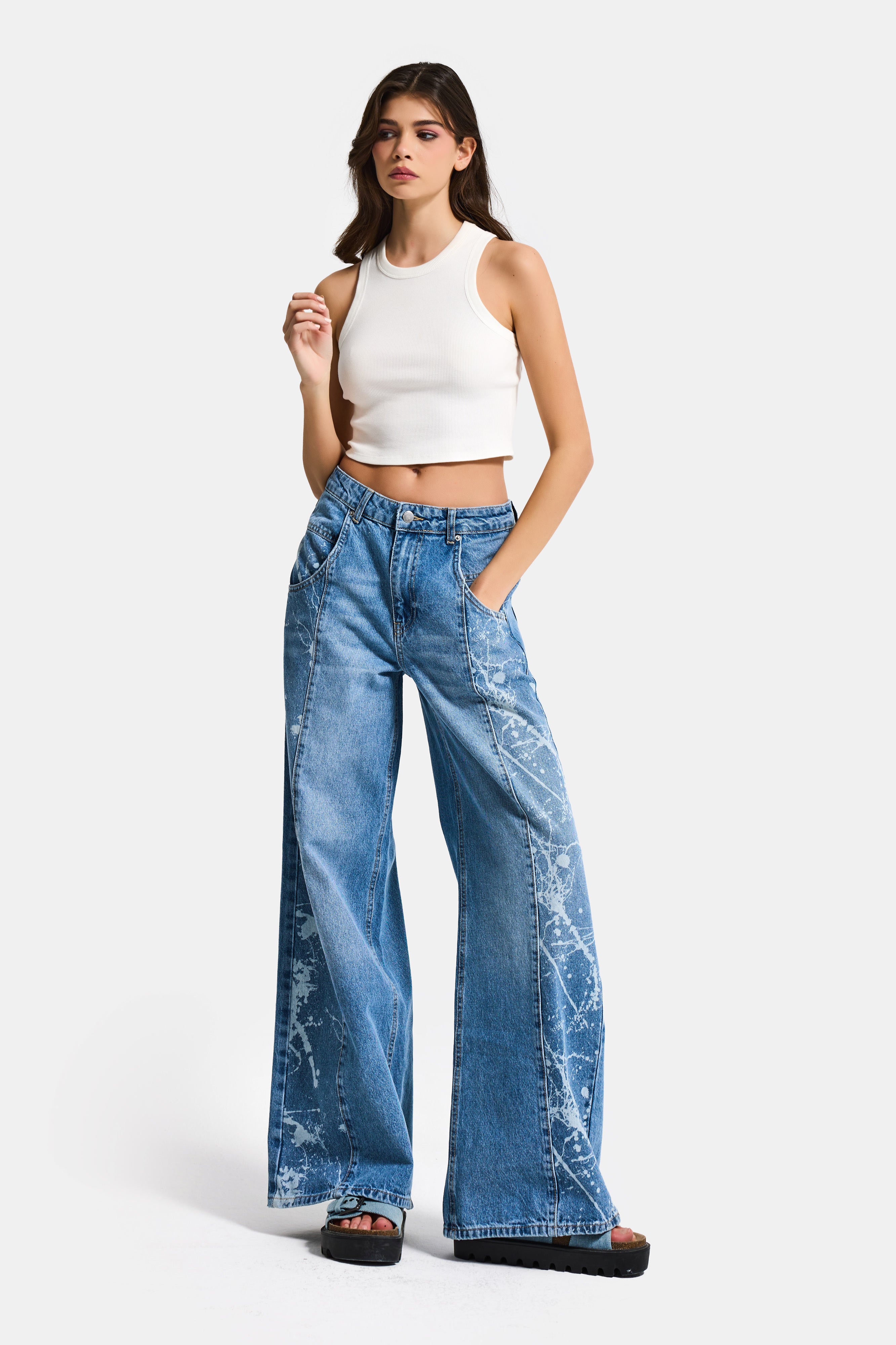 Kadın Mavi 2s6-24 Wide Leg Fit Bol Kesim %100 Koton Özel Tasarım Denim Jean