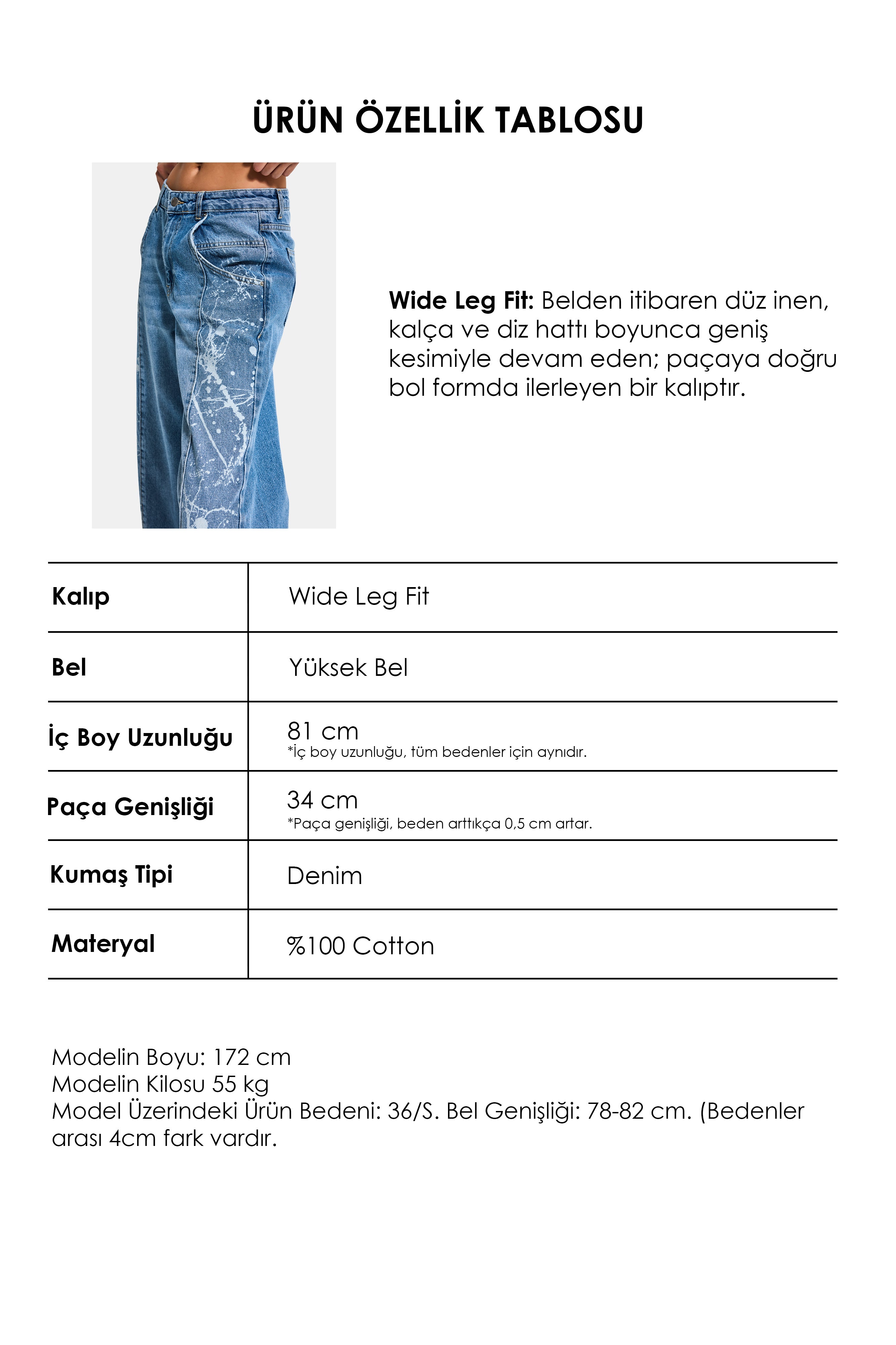 Kadın Mavi 2s6-24 Wide Leg Fit Bol Kesim %100 Koton Özel Tasarım Denim Jean