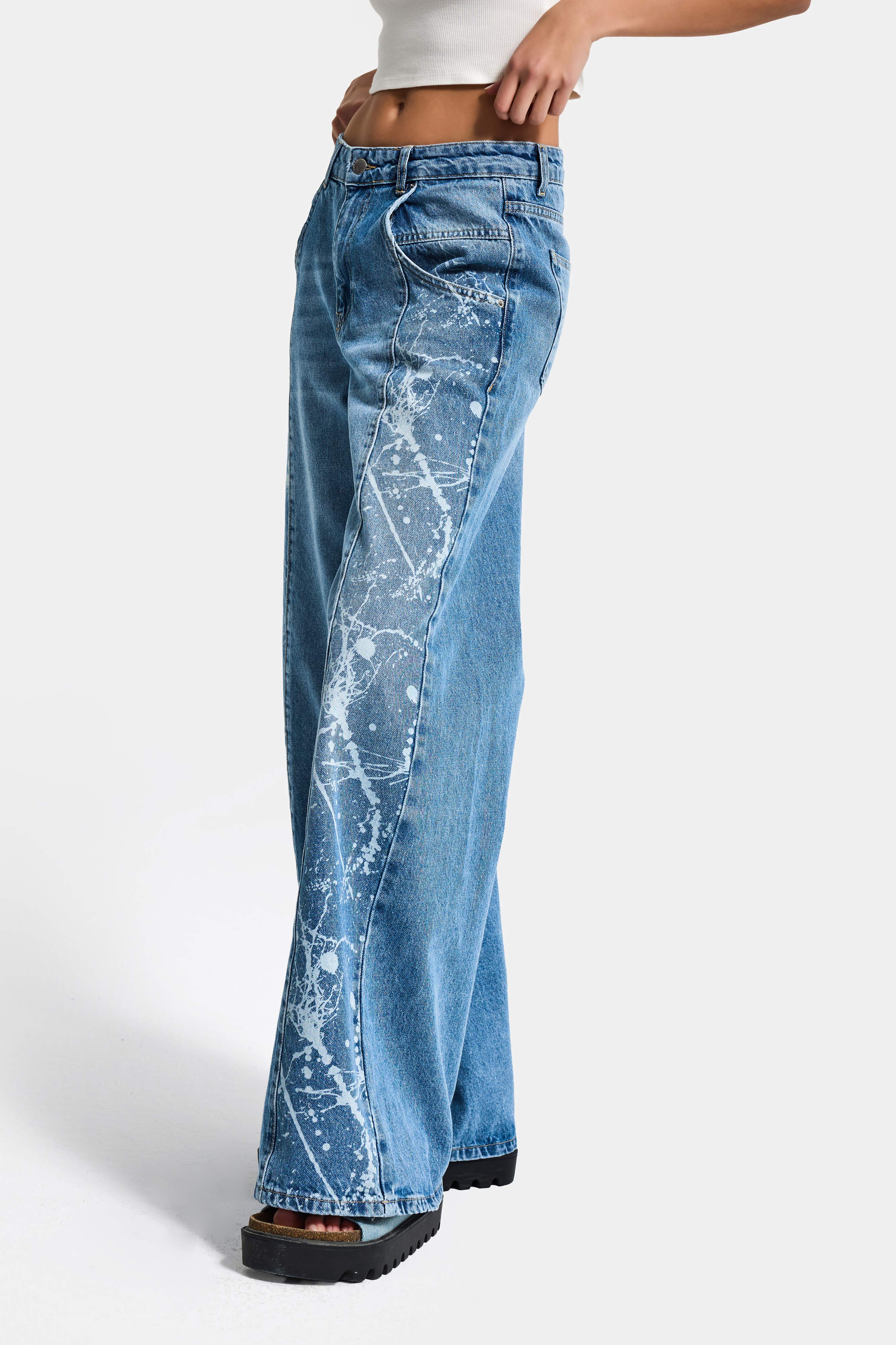 Kadın Mavi 2s6-24 Wide Leg Fit Bol Kesim %100 Koton Özel Tasarım Denim Jean