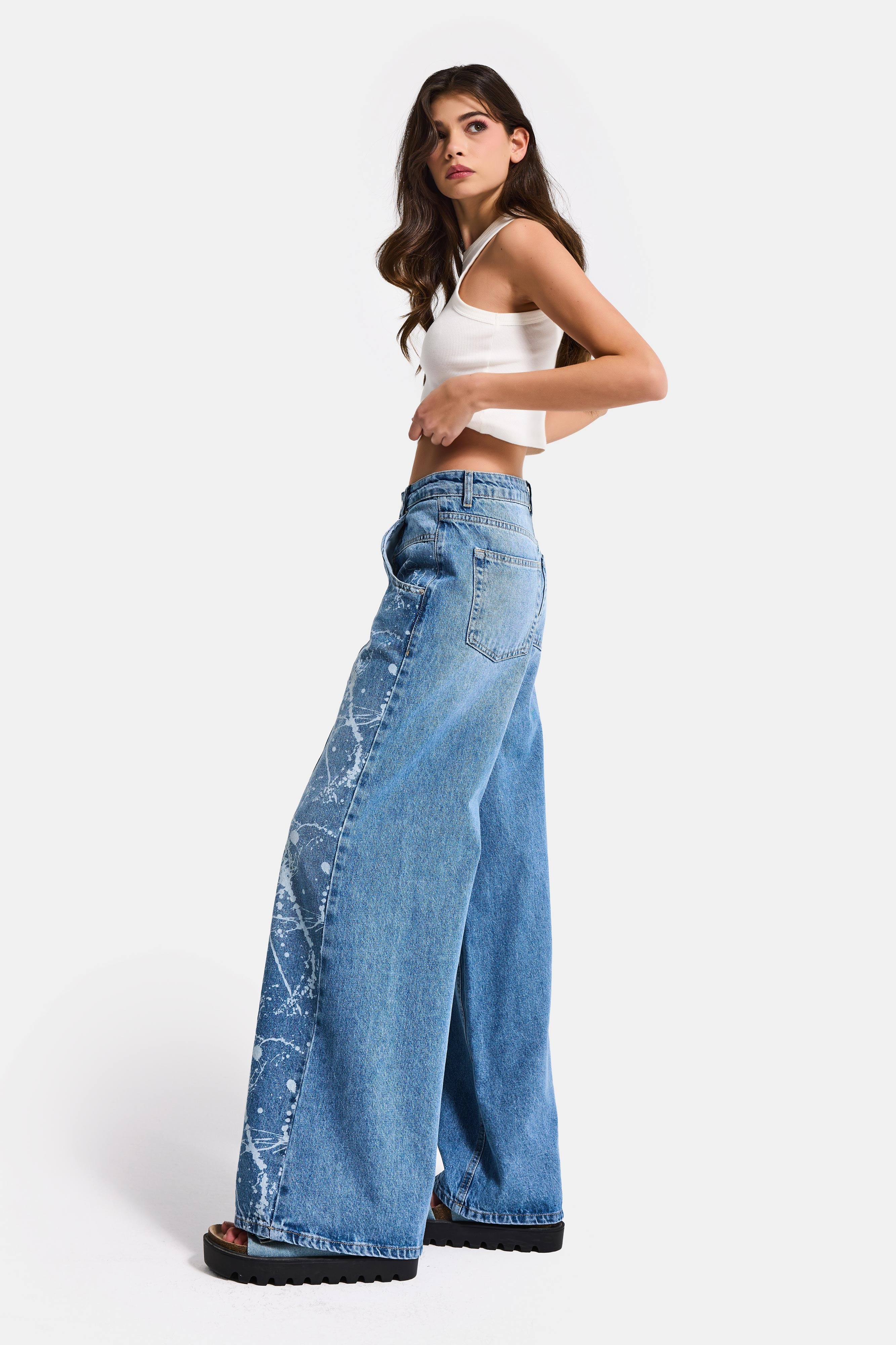 Kadın Mavi 2s6-24 Wide Leg Fit Bol Kesim %100 Koton Özel Tasarım Denim Jean