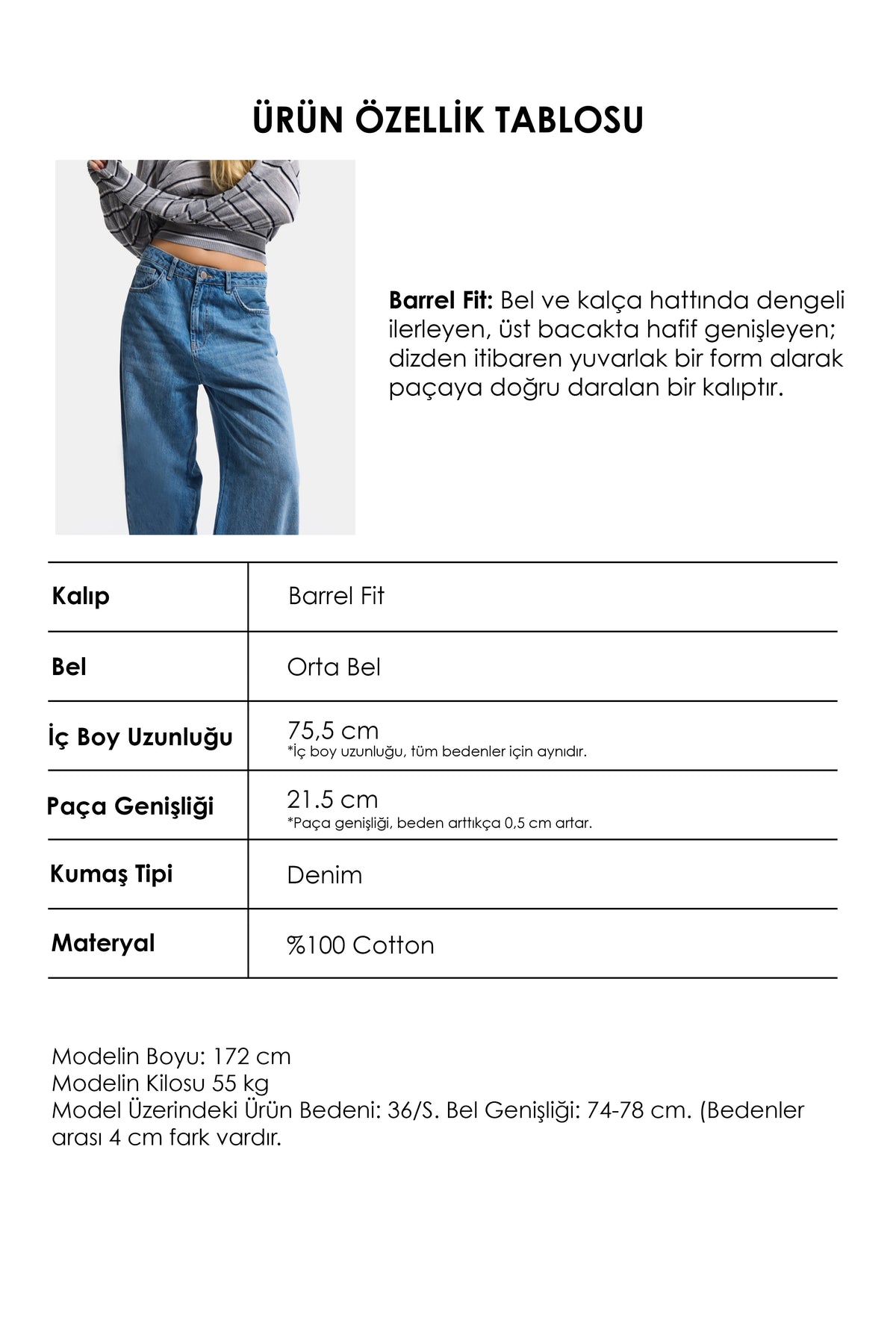 Kadın Mavi 2w6-4 Barrel Fit %100 Koton Denim Jean