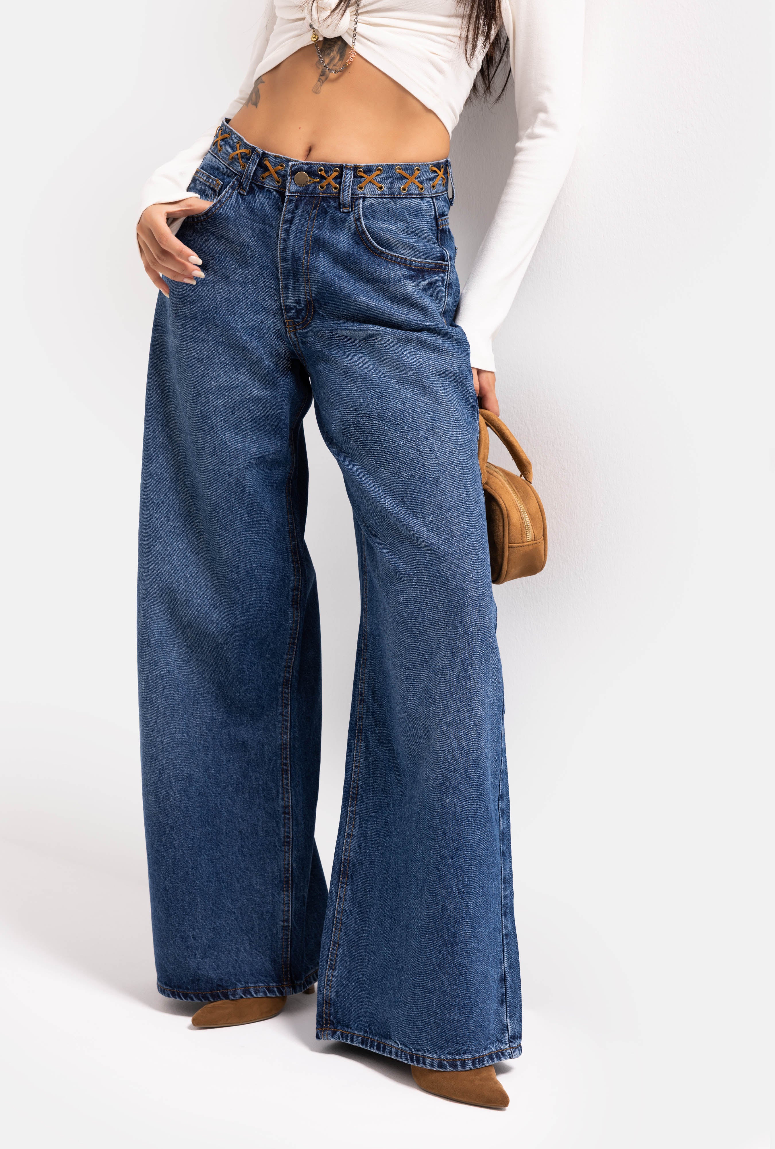 Kadın Mavi 2w6-8 Palazzo Fit Kemer Detaylı Özel Tasarım Denim Jean