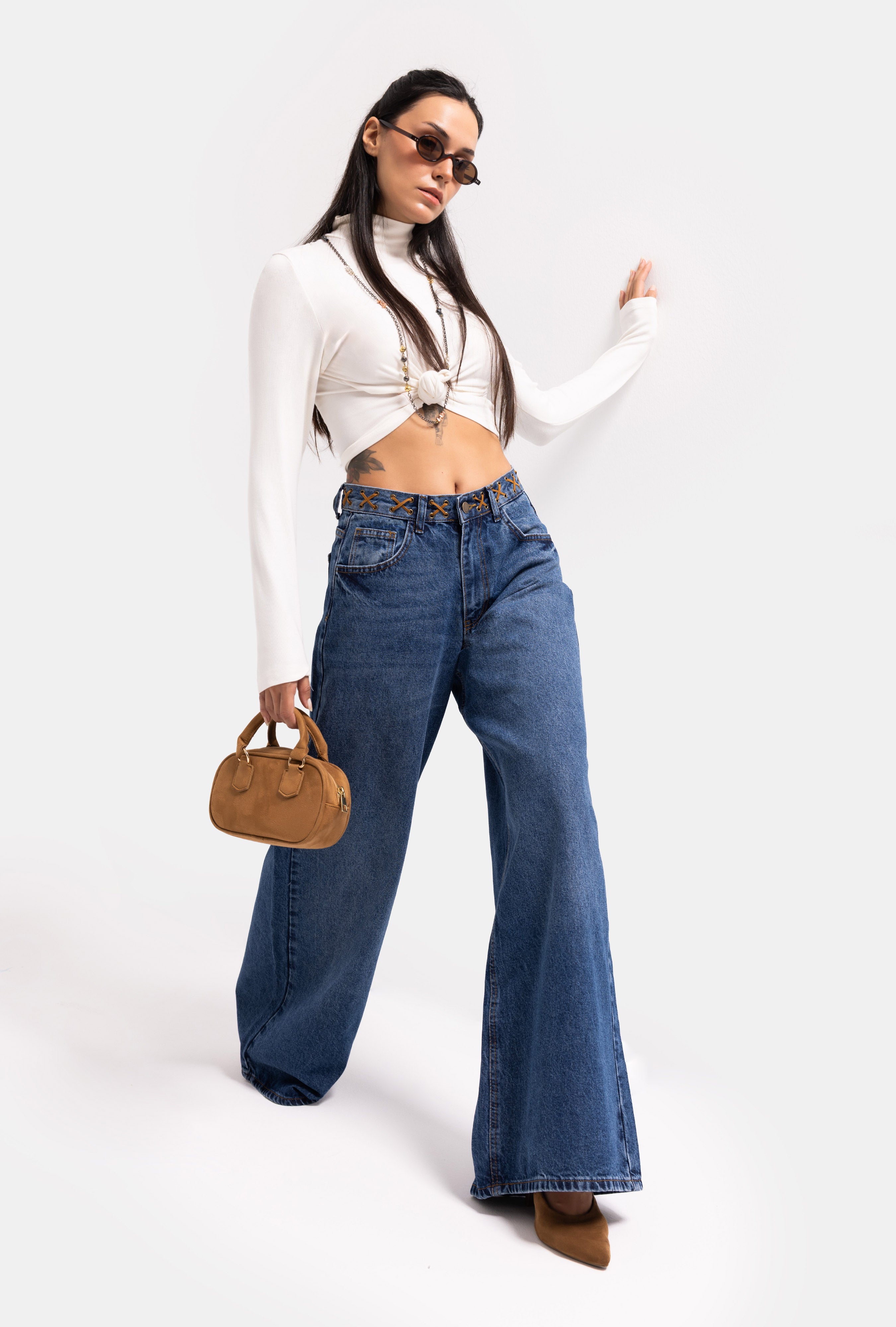 Kadın Mavi 2w6-8 Palazzo Fit Kemer Detaylı Özel Tasarım Denim Jean