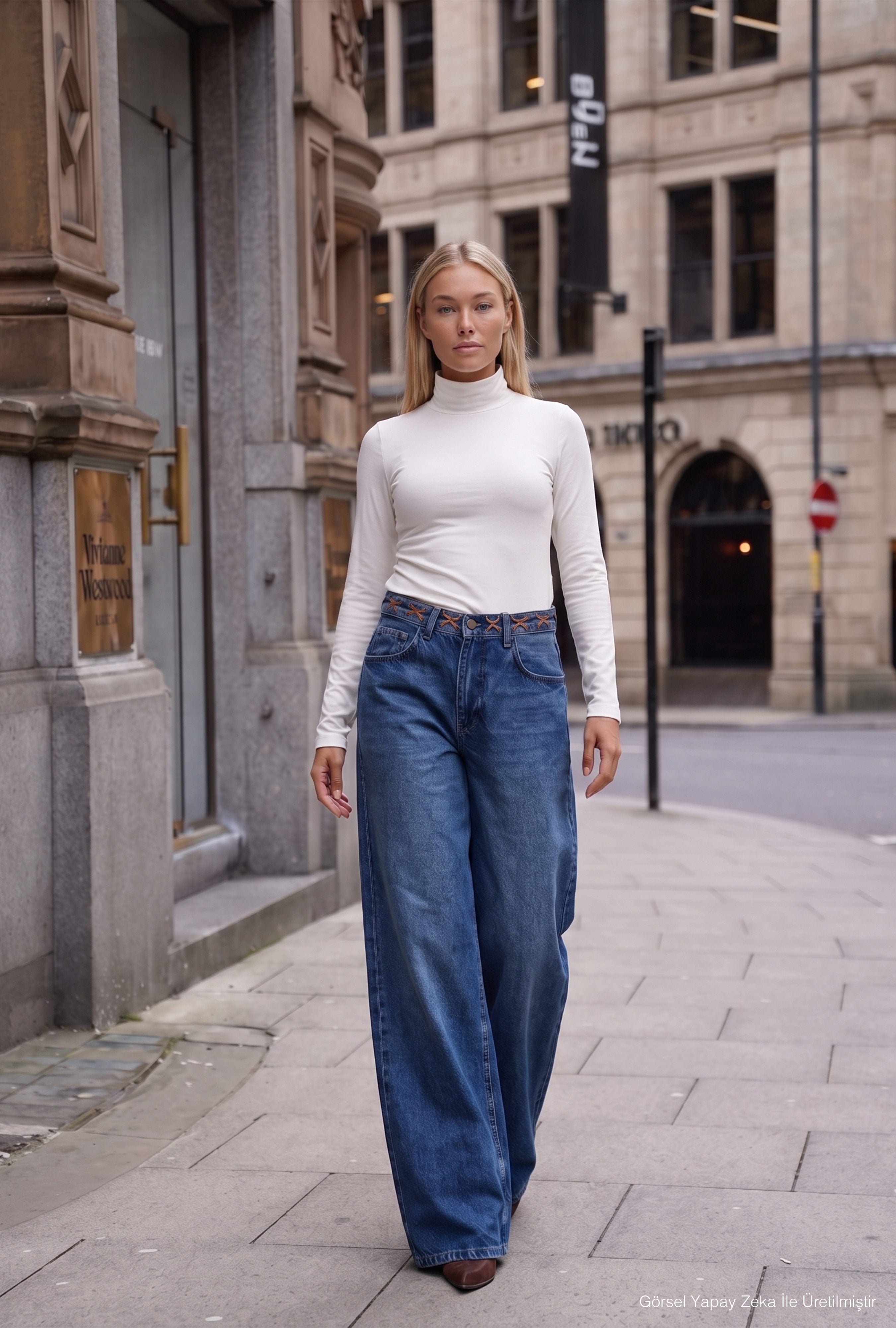 Kadın Mavi 2w6-8 Palazzo Fit Kemer Detaylı Özel Tasarım Denim Jean