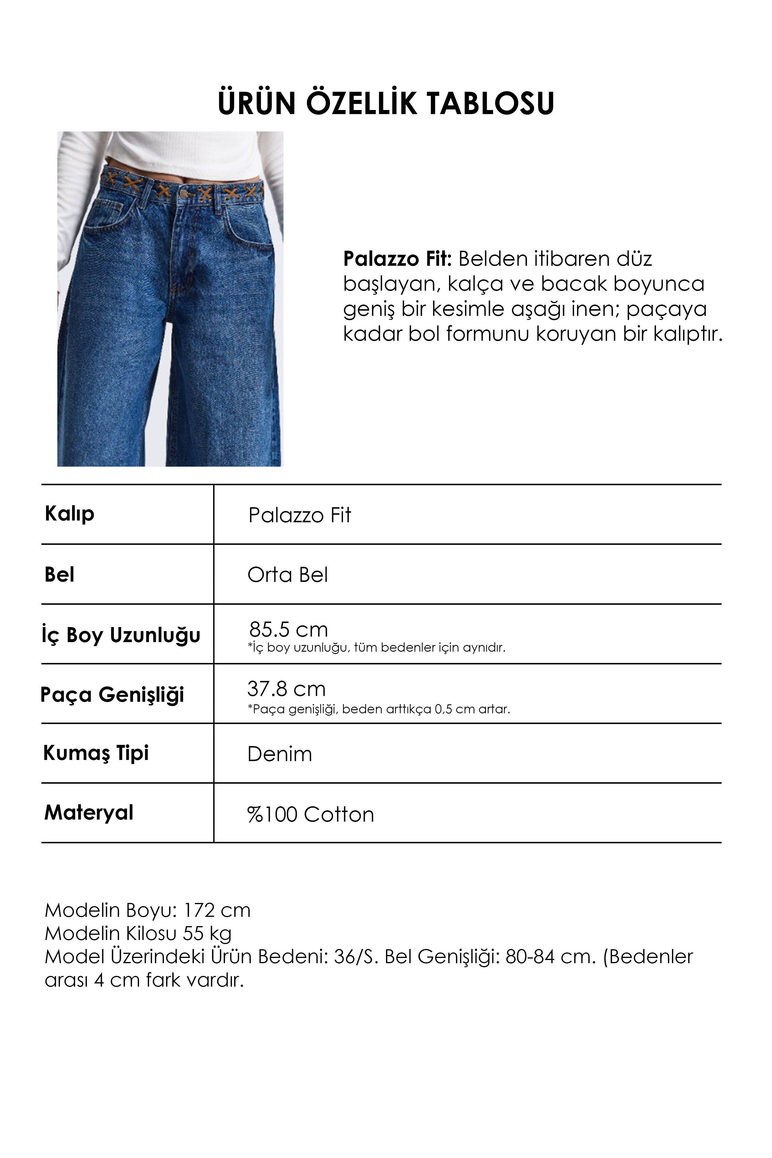 Kadın Mavi 2w6-8 Palazzo Fit Kemer Detaylı Özel Tasarım Denim Jean